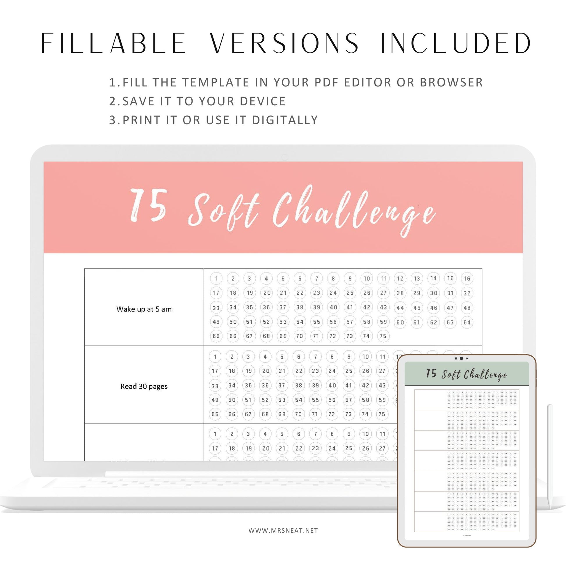 Printable 75 Soft Challenge Template, Fillable 75 soft challenge checklist page, Habit Tracker, Habit Challenge, A4, 10 colors, 2 versions