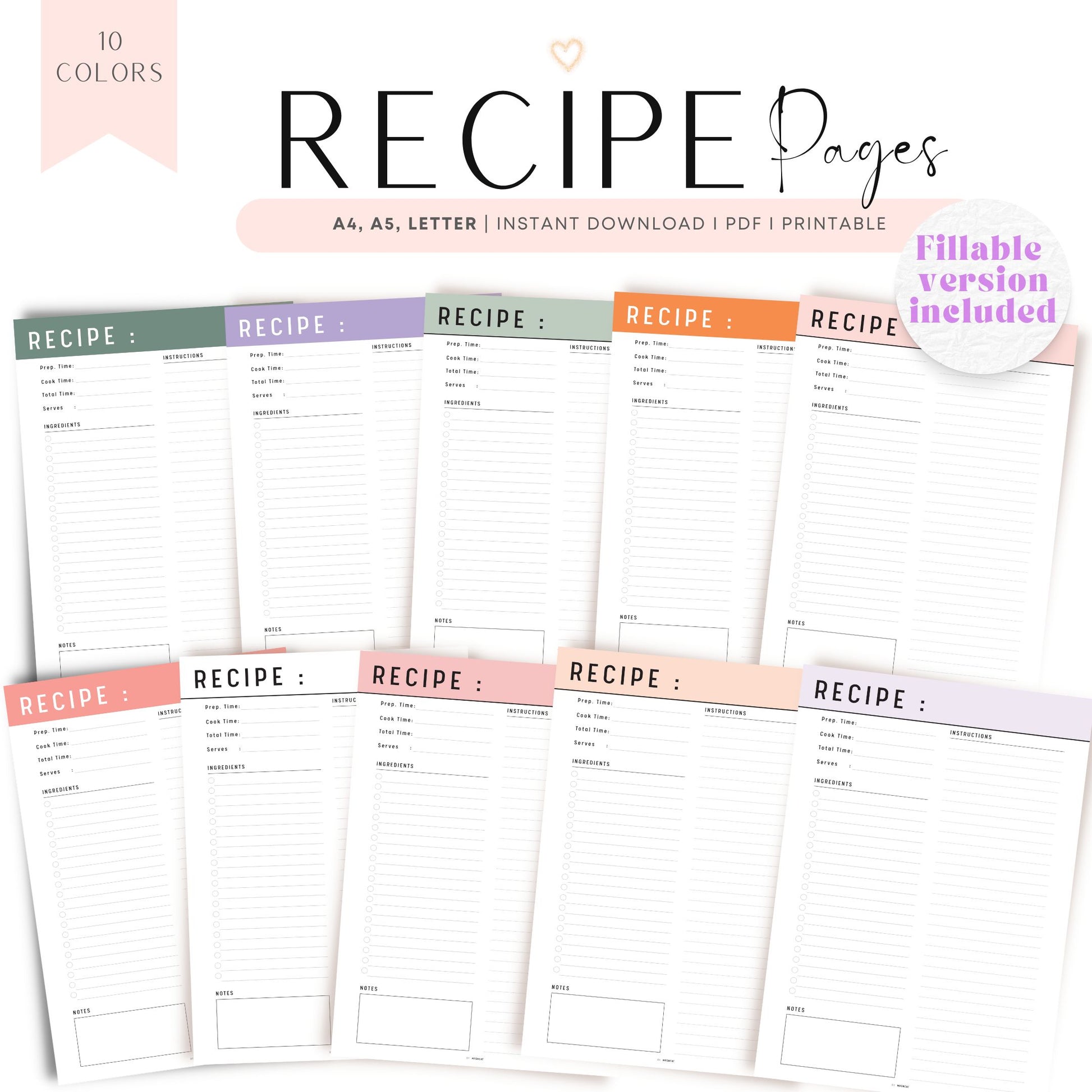 Simple Recipe Page Template, Recipe Printable, Fillable Recipe Journal, Recipe Card, Recipe pages, Cooking PDF, A4, Letter, 10 colors