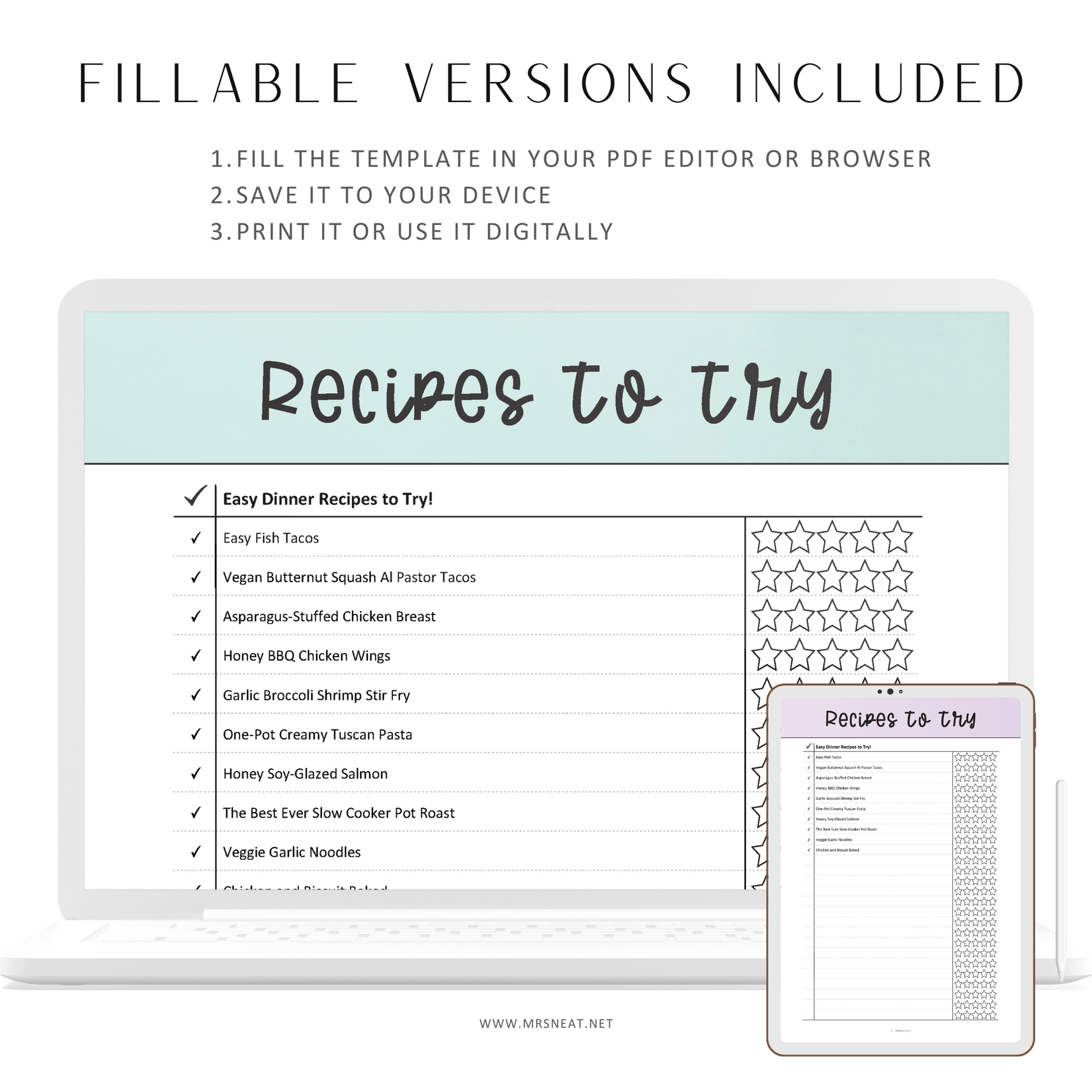 Printable Recipes To Try Template, Recipes Review List, Fillable Recipes Planner, Recipes List Printable, PDF, 6 colors, A4, A5, Letter, Half Letter