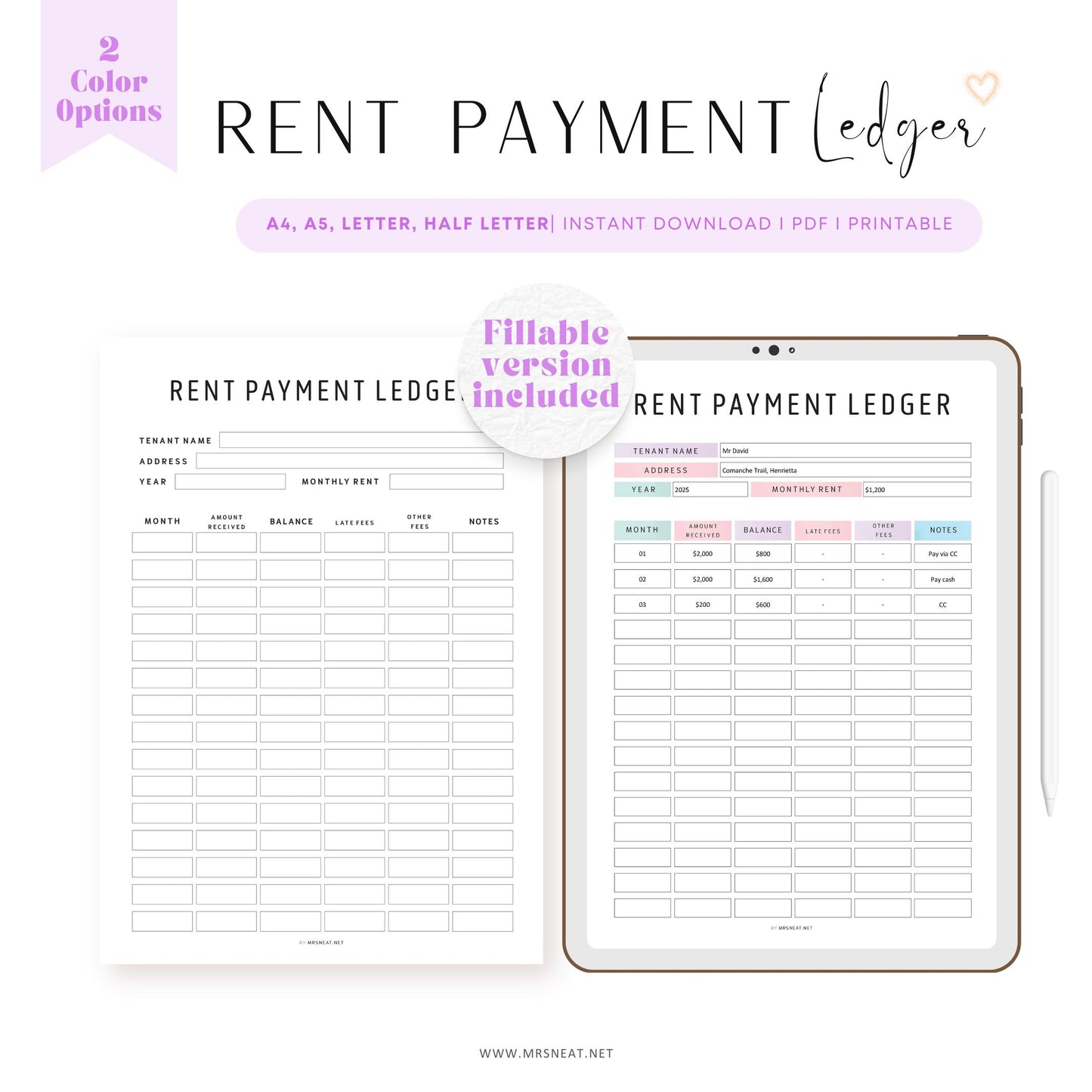 Editable Rent Payment Ledger, Printable Rent Payment Tracker, Rental Payment Log, Tenant Payment Tracker, A4, A5, Letter, Half Letter, 2 Color options