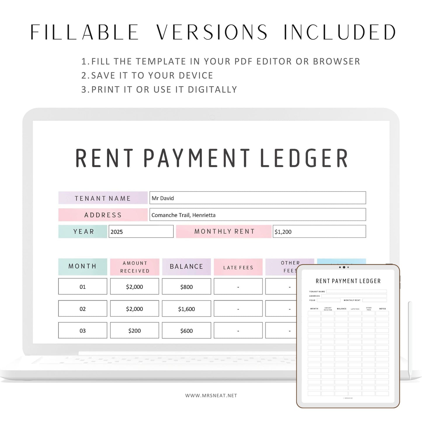 Editable Rent Payment Ledger, Printable Rent Payment Tracker, Rental Payment Log, Tenant Payment Tracker, A4, A5, Letter, Half Letter, 2 Color options