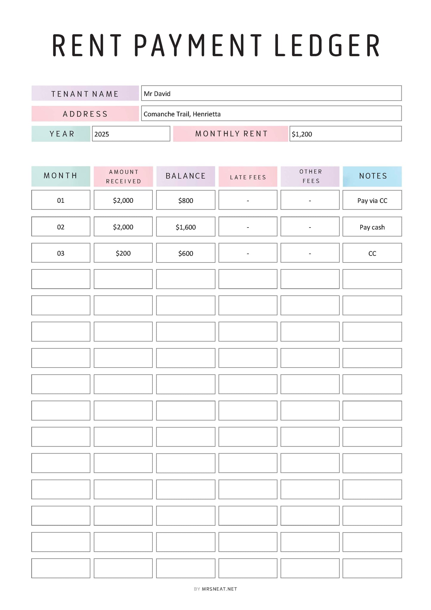 Editable Rent Payment Ledger, Printable Rent Payment Tracker, Rental Payment Log, Tenant Payment Tracker, A4, A5, Letter, Half Letter, 2 Color options