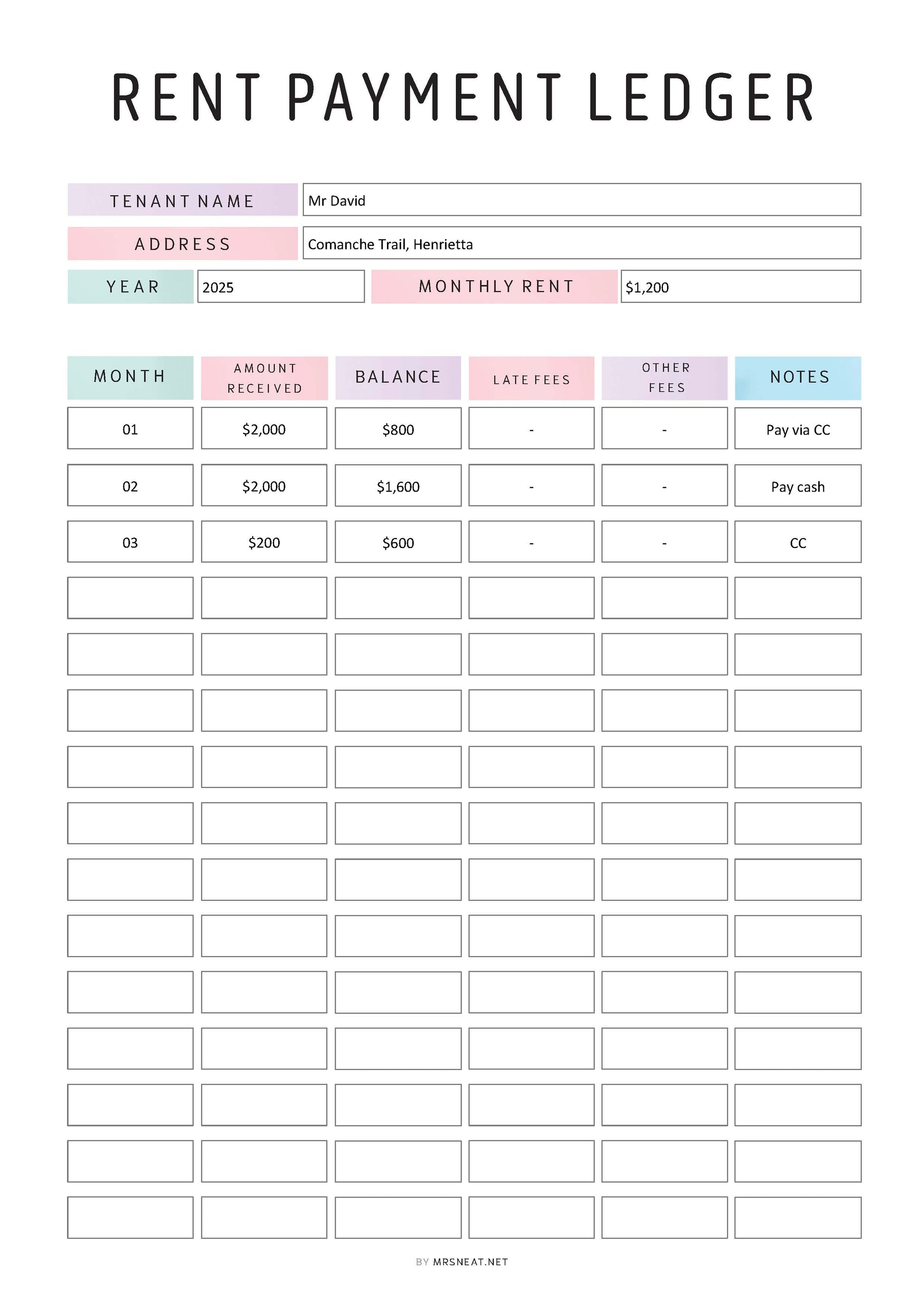 Editable Rent Payment Ledger, Printable Rent Payment Tracker, Rental Payment Log, Tenant Payment Tracker, A4, A5, Letter, Half Letter, 2 Color options