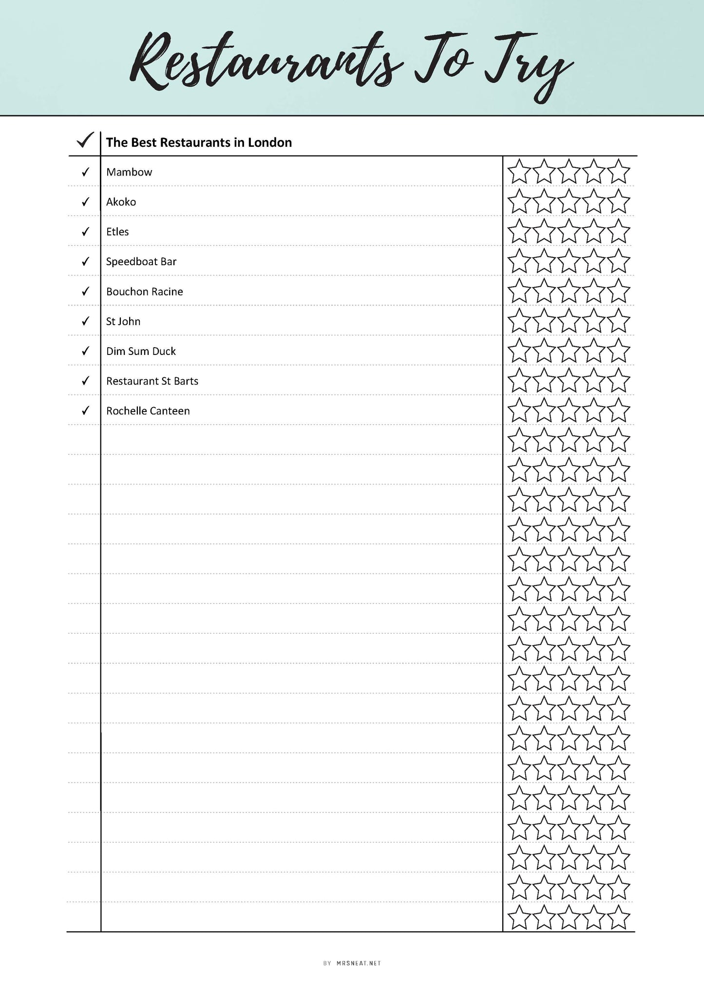 Fillable Restaurants To Try List Template, Restaurants Review Printable, Restaurants Journal, PDF, 6 colors, A4, A5, Letter, Half Letter