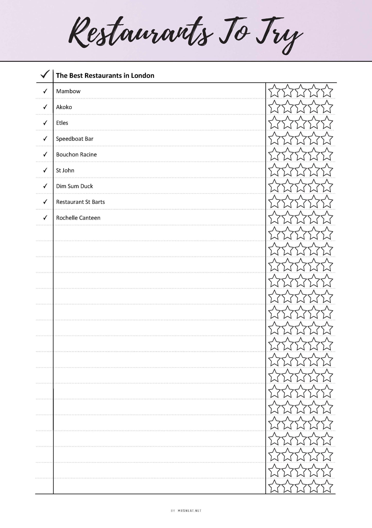 Fillable Restaurants To Try List Template, Restaurants Review Printable, Restaurants Journal, PDF, 6 colors, A4, A5, Letter, Half Letter