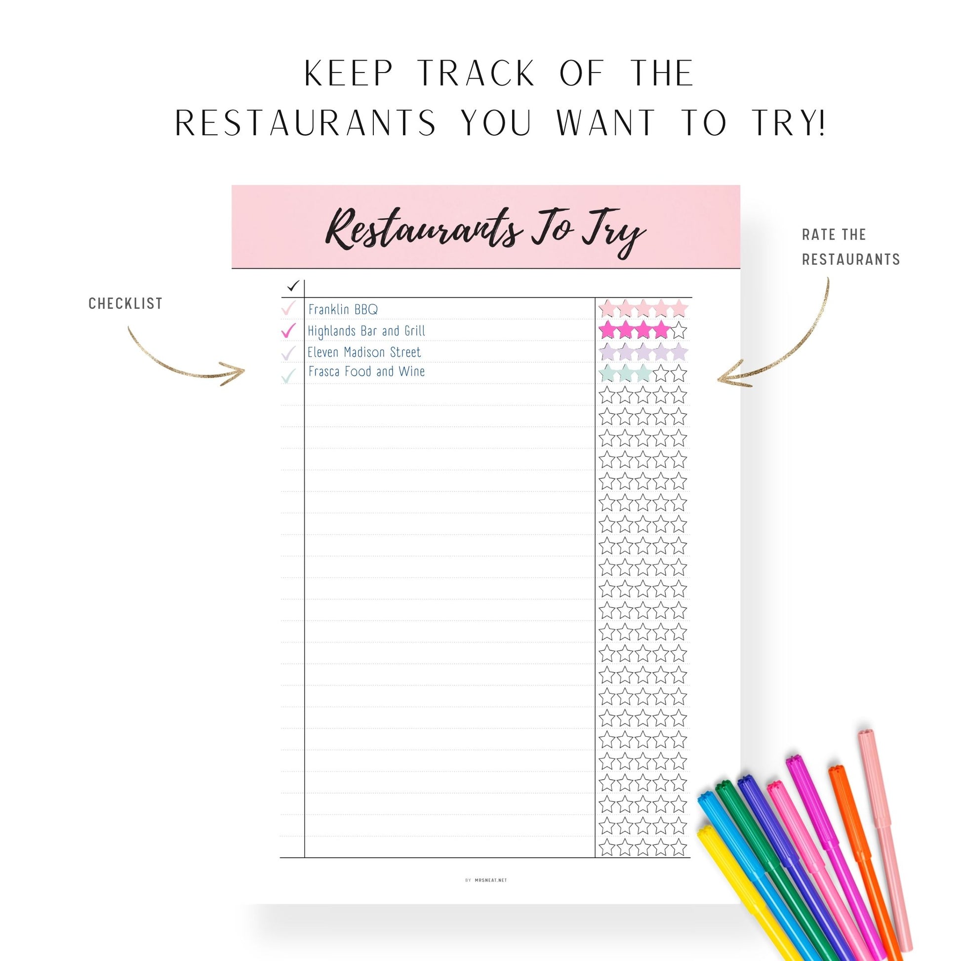 Pink Best Restaurants To Try List Template Printable