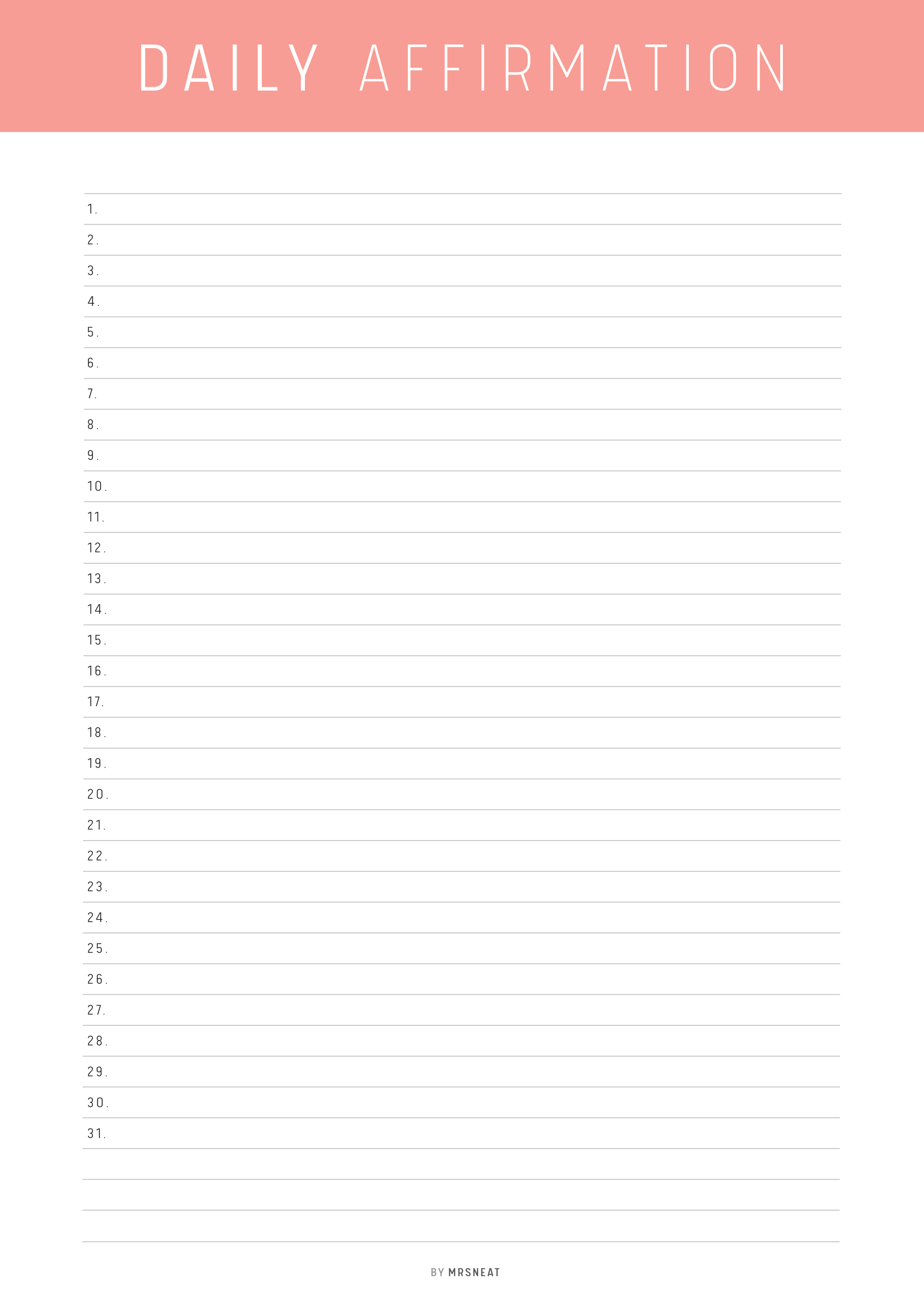 Blank sheet for daily affirmations with a pink header and white background