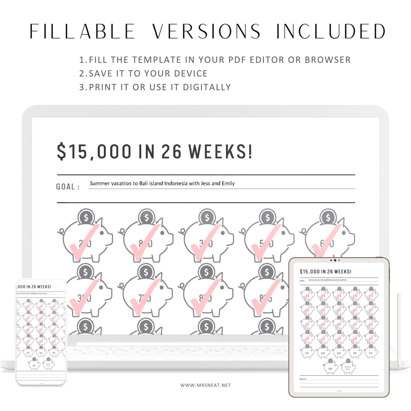 15,000 Money Saving Challenge Printable in 26 Weeks, Piggy Bank Template, Fillable Savings Tracker Page, PDF, A4, A5, Letter, Half Letter