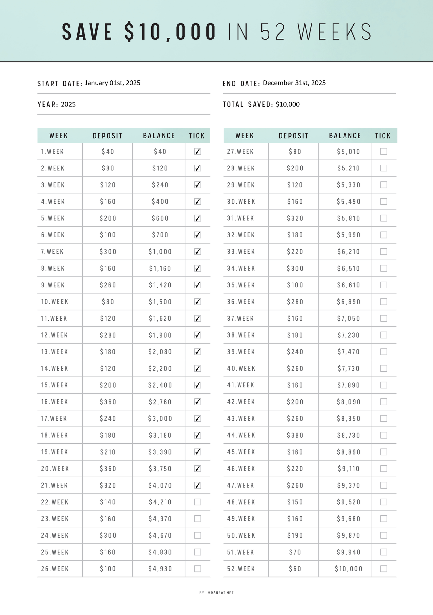 Fillable 10000 Saving Challenge in 52 Weeks Template Printable, PDF, A4, A5, Letter, Half Letter, 6 colors