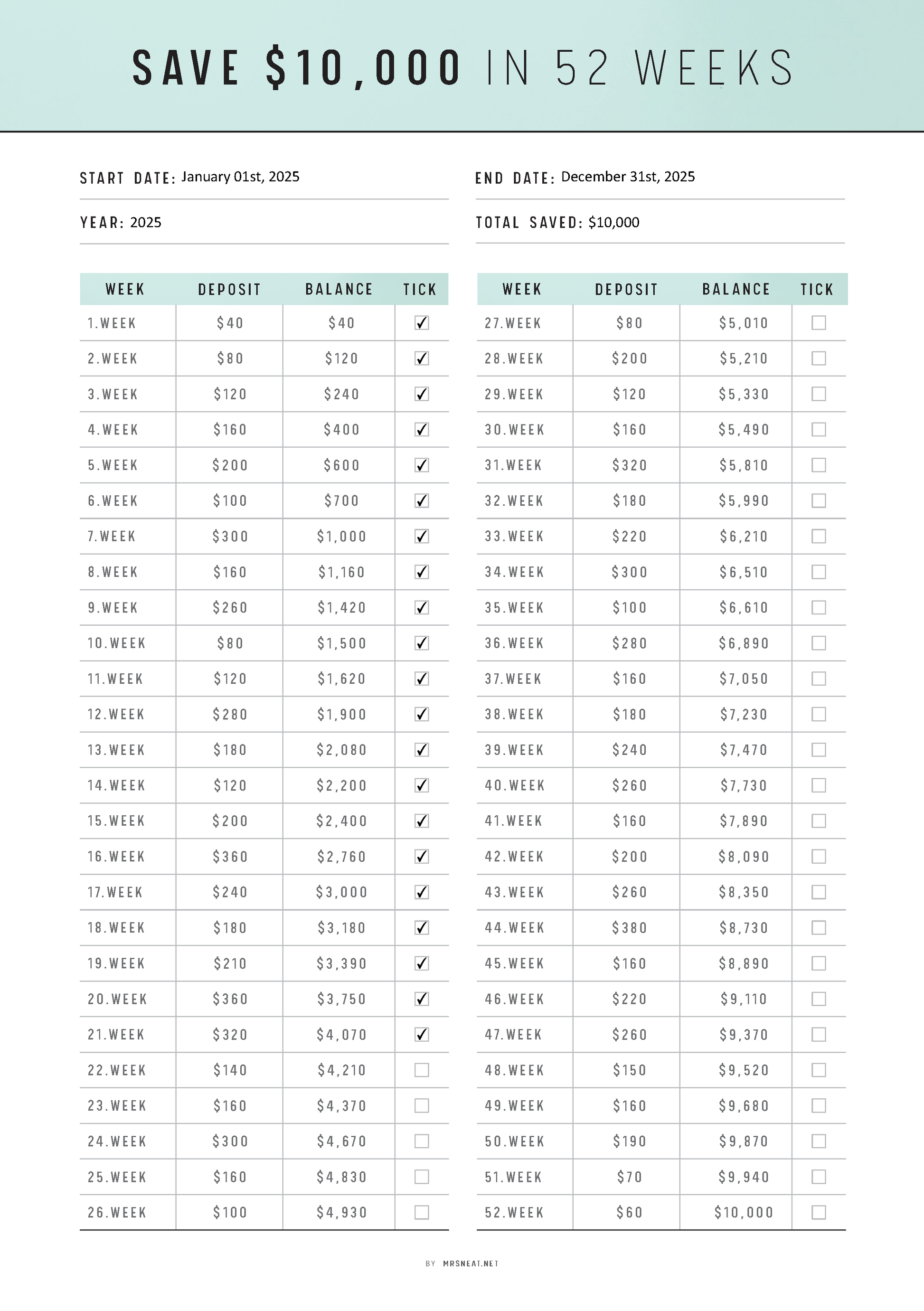 Fillable 10000 Saving Challenge in 52 Weeks Template Printable, PDF, A4, A5, Letter, Half Letter, 6 colors