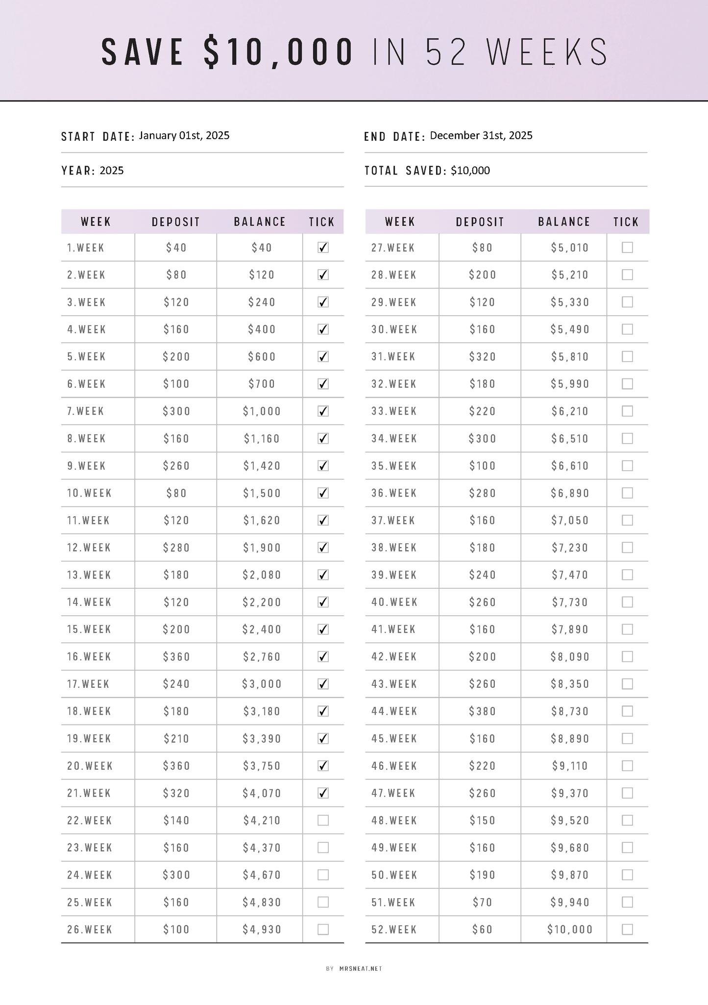 Fillable 10000 Saving Challenge in 52 Weeks Template Printable, PDF, A4, A5, Letter, Half Letter, 6 colors