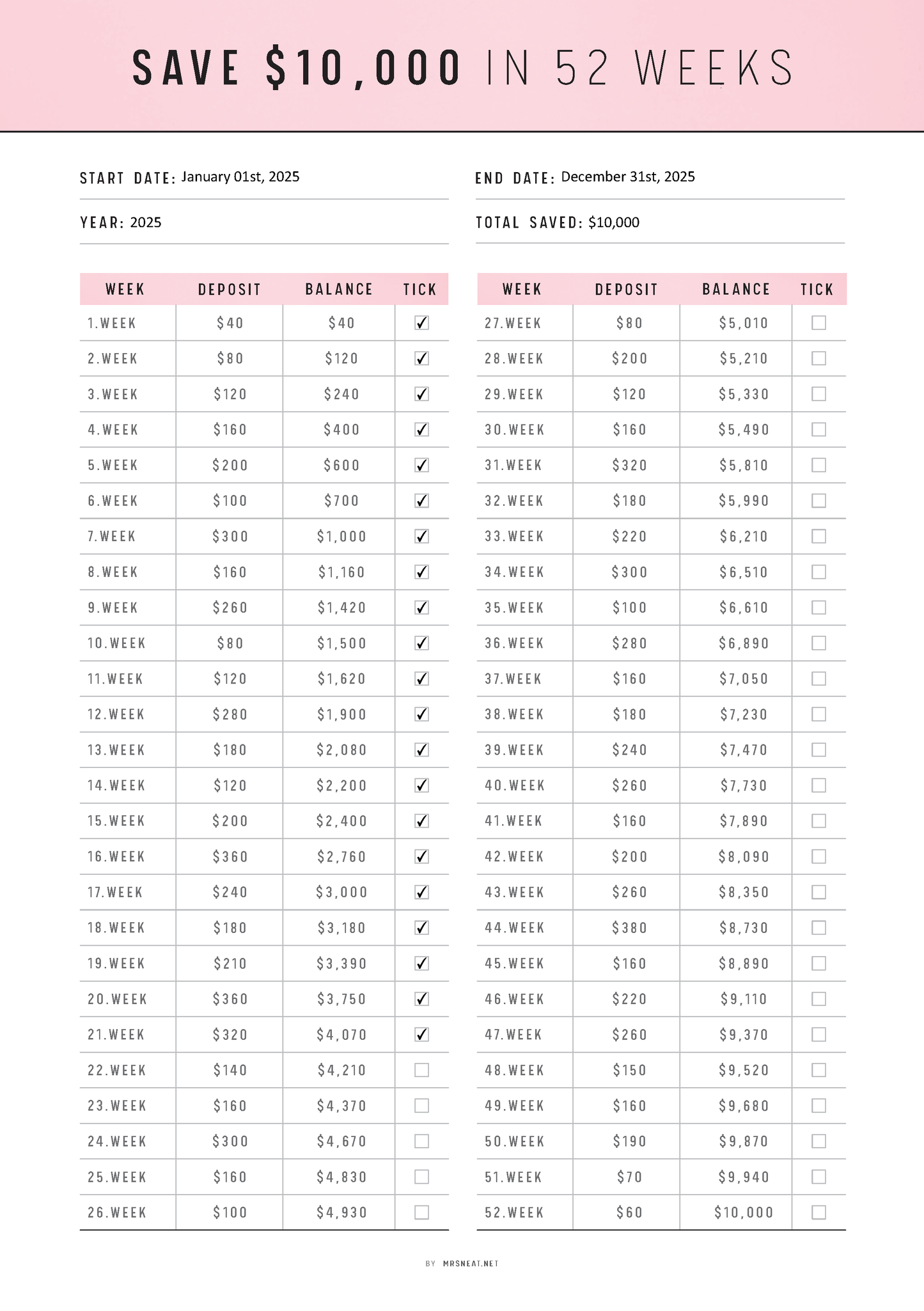 Fillable 10000 Saving Challenge in 52 Weeks Template Printable, PDF, A4, A5, Letter, Half Letter, 6 colors