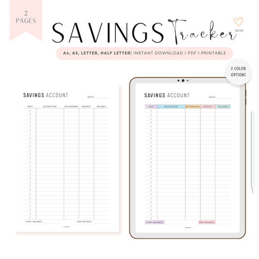 Savings Account Tracker Printable, A4, A5, Letter, Half Letter, Minimalist and Colorful Page