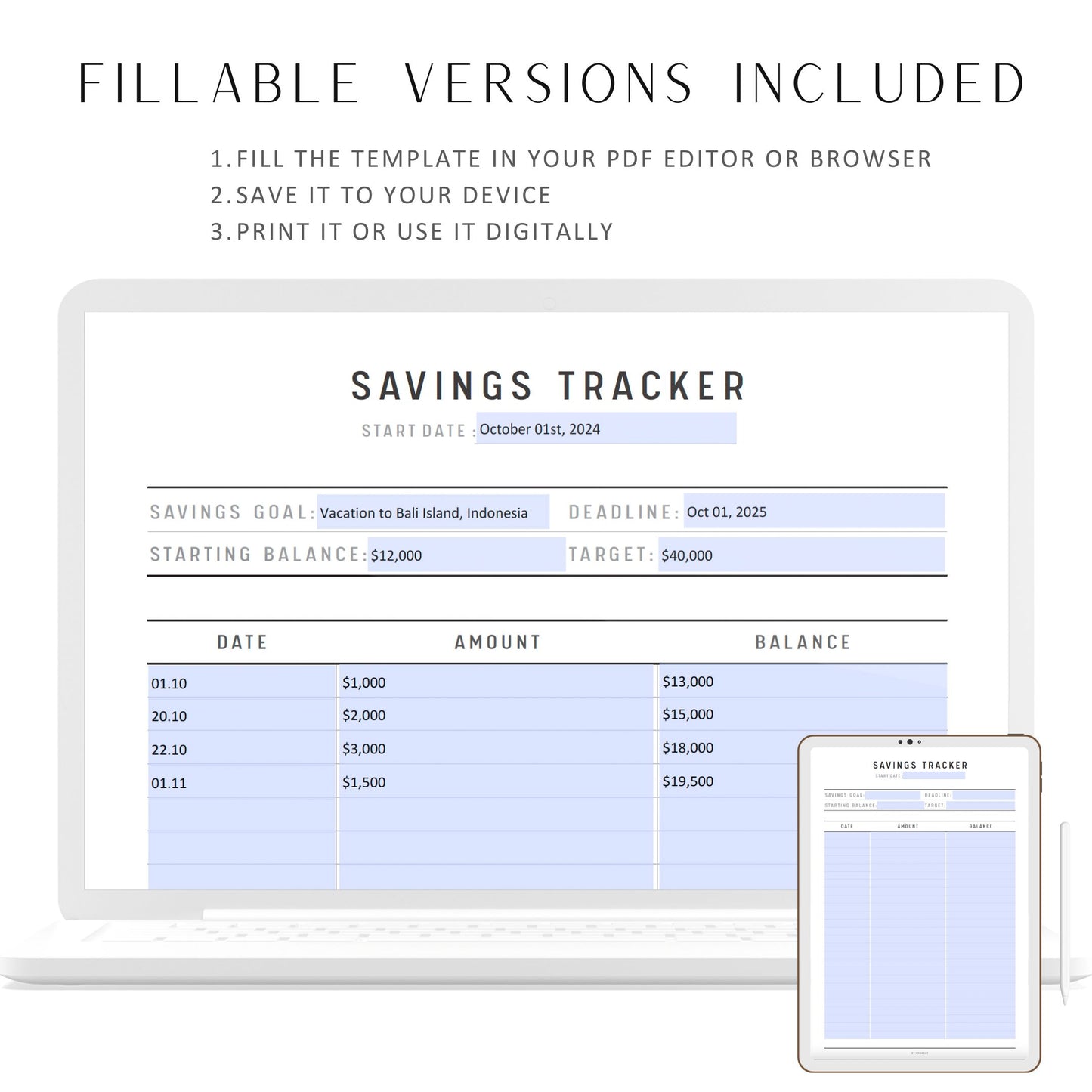 Fillable Savings Tracker Printable, Savings Tracker, Savings Challenge, Saving Goal tracker printable, A4, A5, US Letter, Half Letter, PDF