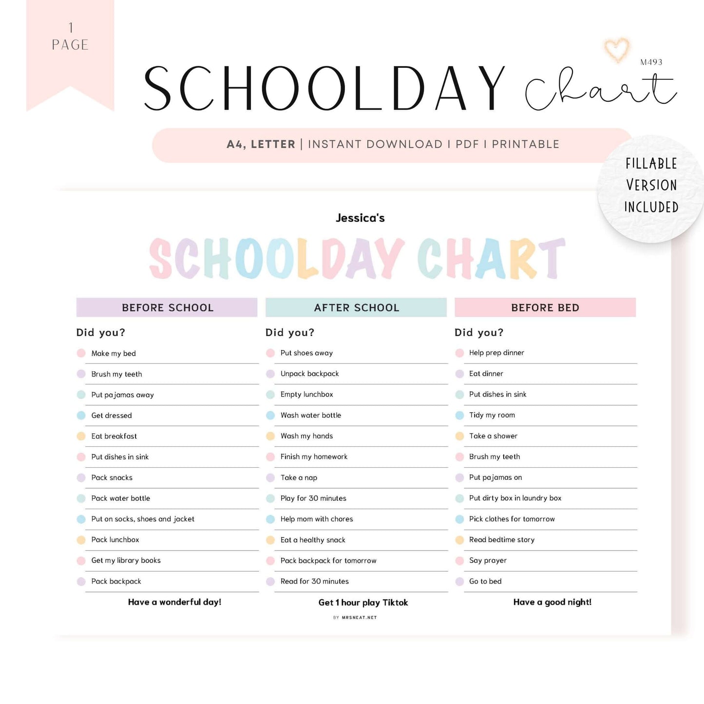 School day chart editable pdf, landscape, fillable pdf, editable pdf