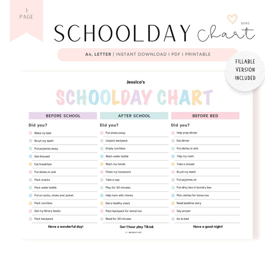 School day chart editable pdf, landscape, fillable pdf, editable pdf