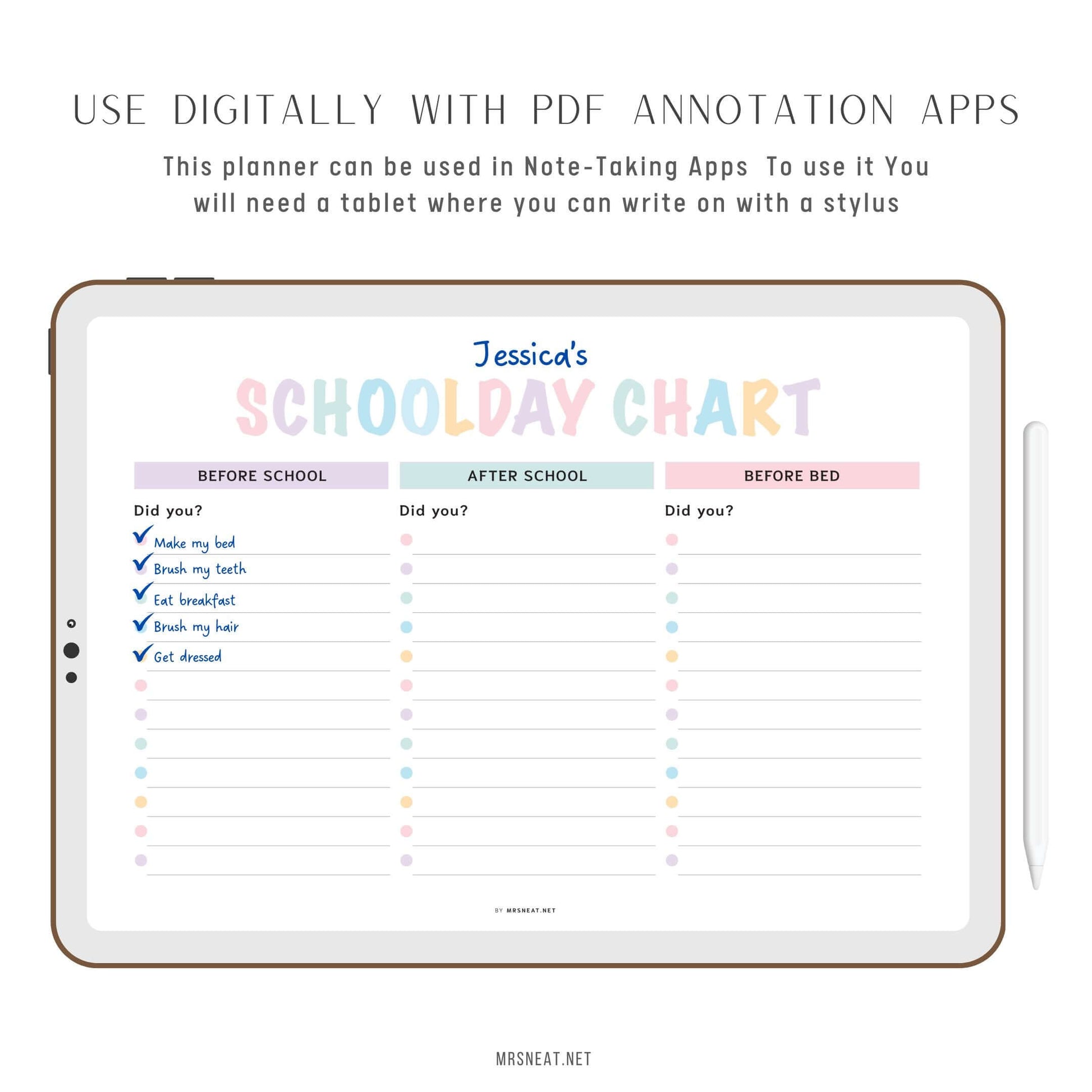 Digital School day chart template, landscape, fillable pdf, editable pdf