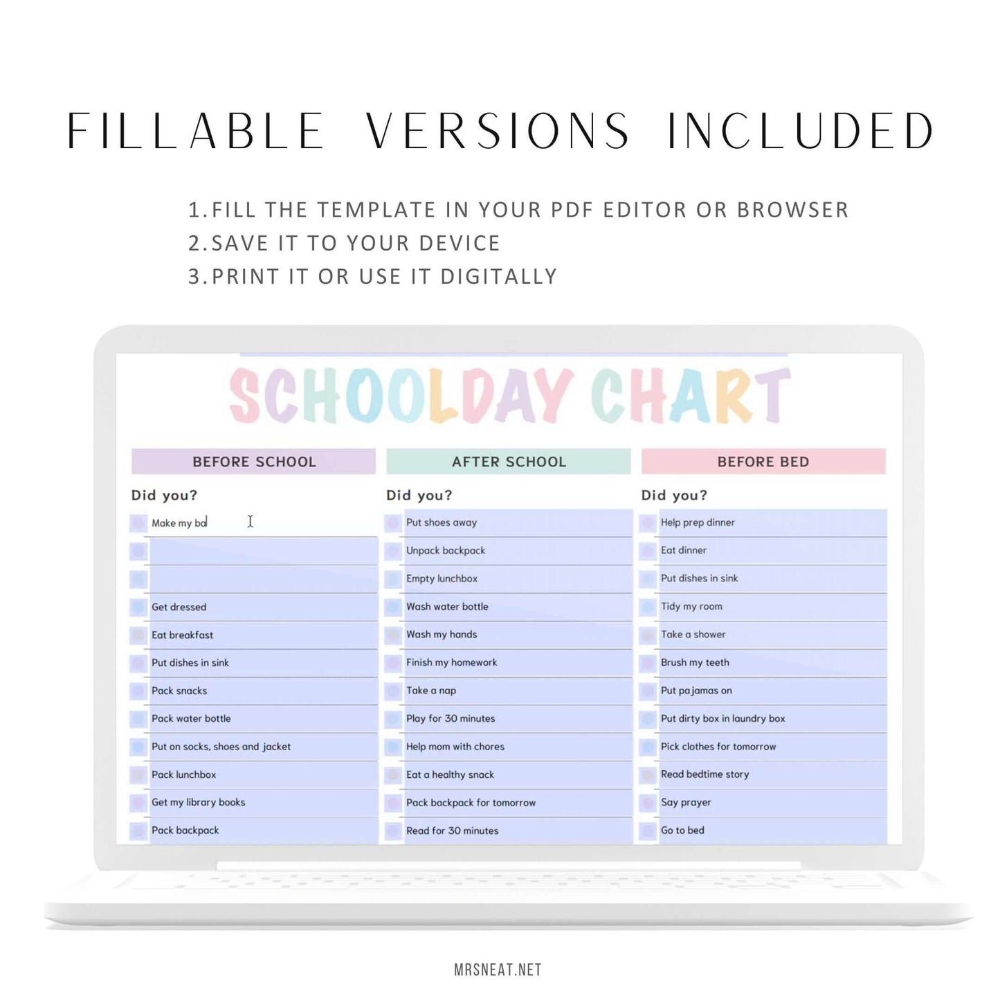 Printable School day chart, landscape, fillable pdf, editable pdf