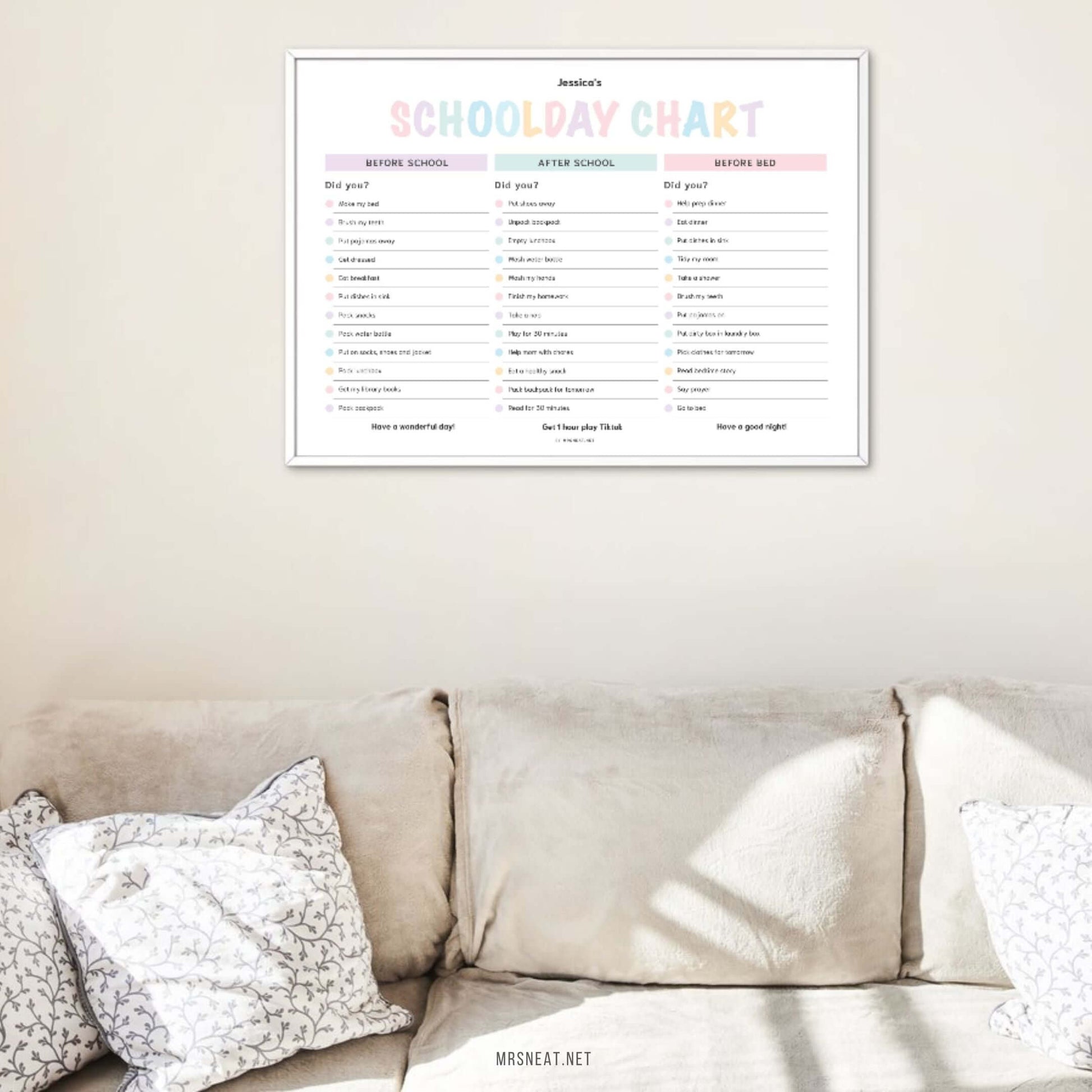 Printable School day chart, landscape, fillable pdf, editable pdf on frame