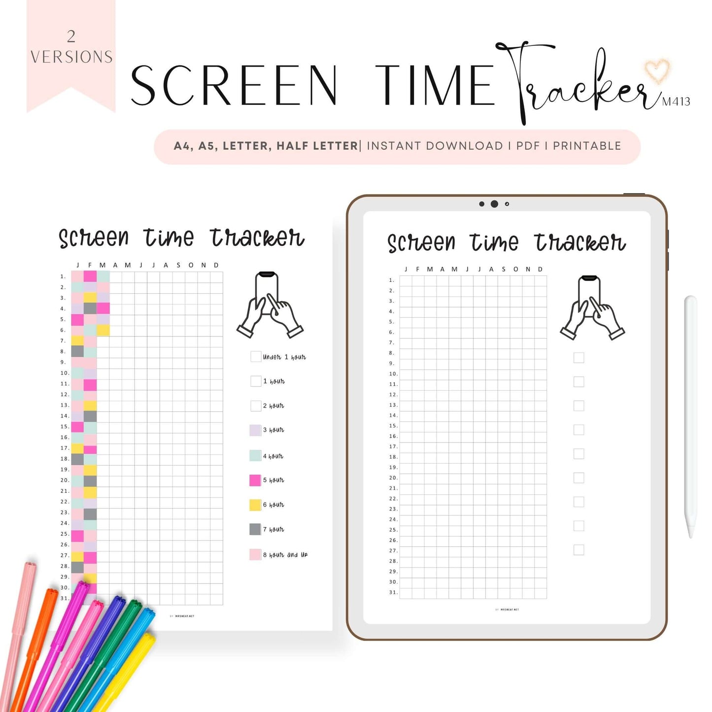 Yearly Screen Time Tracker Template PDF, Yearly Tracker, Habit Tracker, Phone Tracker, Screen Time Log, A4, A5, Letter, Half Letter, PDF, 2 Versions 