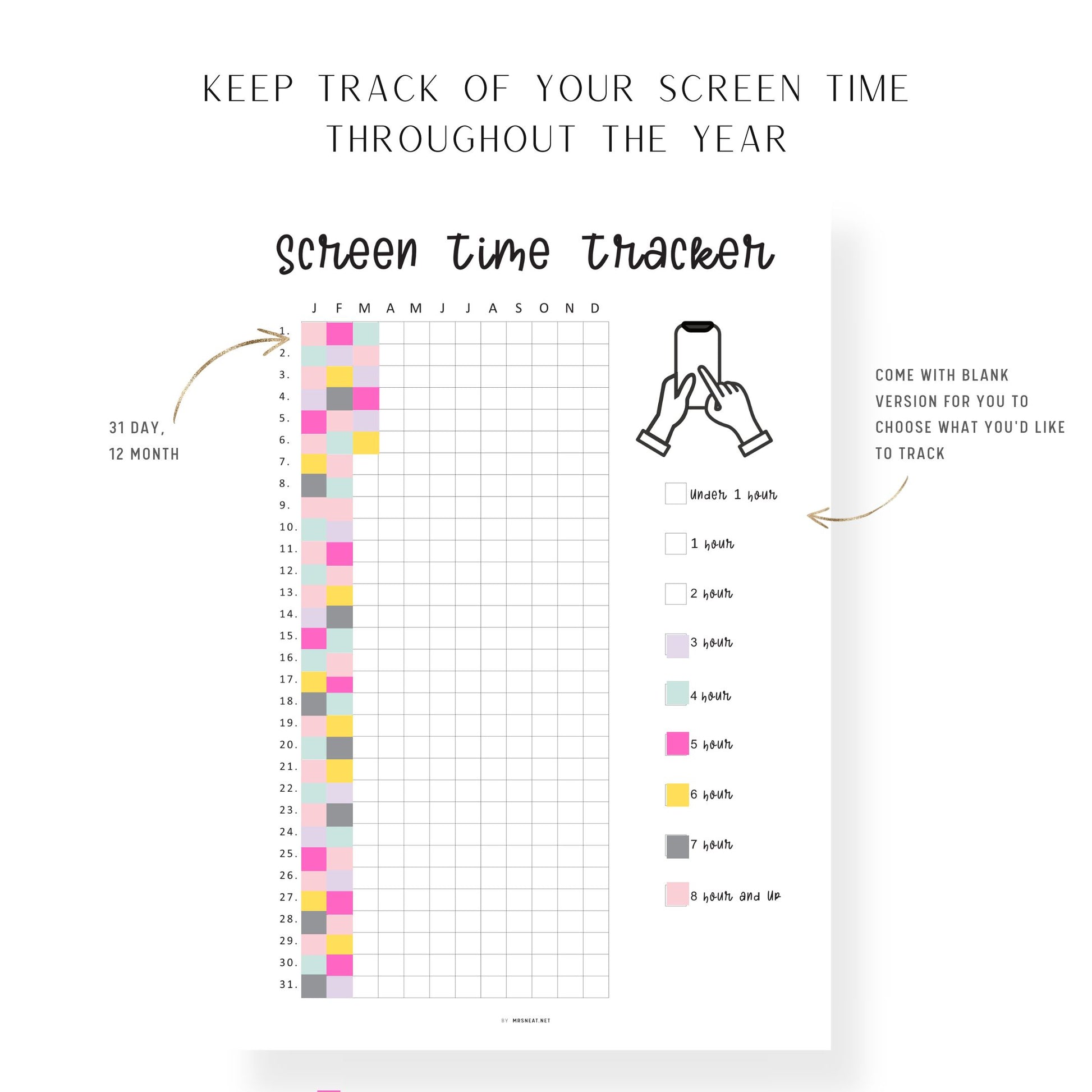 Yearly Screen Time Tracker Template PDF, Yearly Tracker, Habit Tracker, Phone Tracker, Screen Time Log, A4, A5, Letter, Half Letter, PDF, 2 Versions 