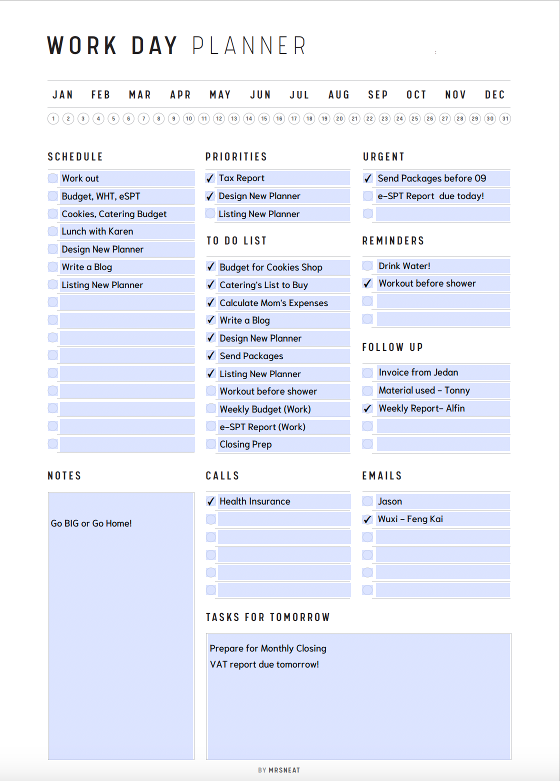 Work Day Planner Template Printable, A4, A5, Letter, Half Letter, PDF, Fillable Daily Planner