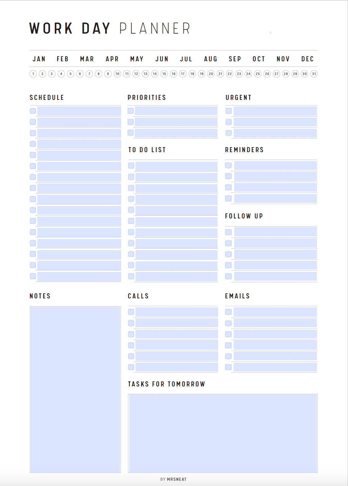 Work Day Planner Template Printable, A4, A5, Letter, Half Letter, PDF, Fillable Daily Planner