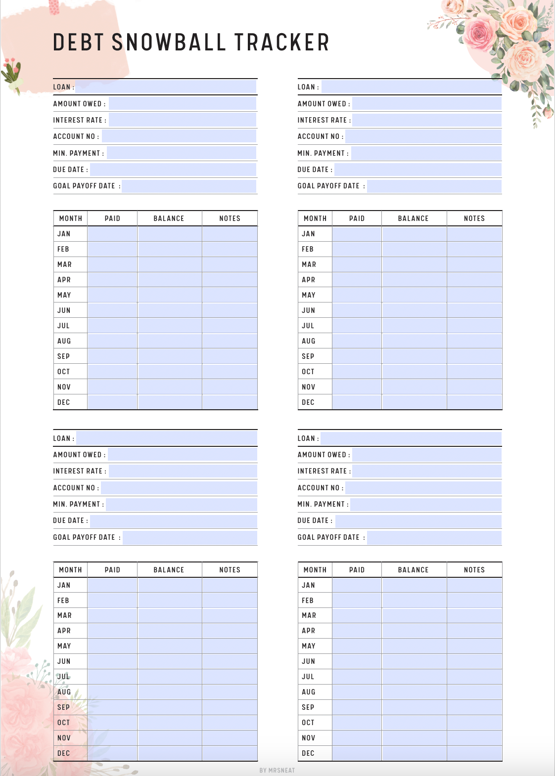 Floral Debt Snowball Tracker Planner use digitally with Tablet and Stylus