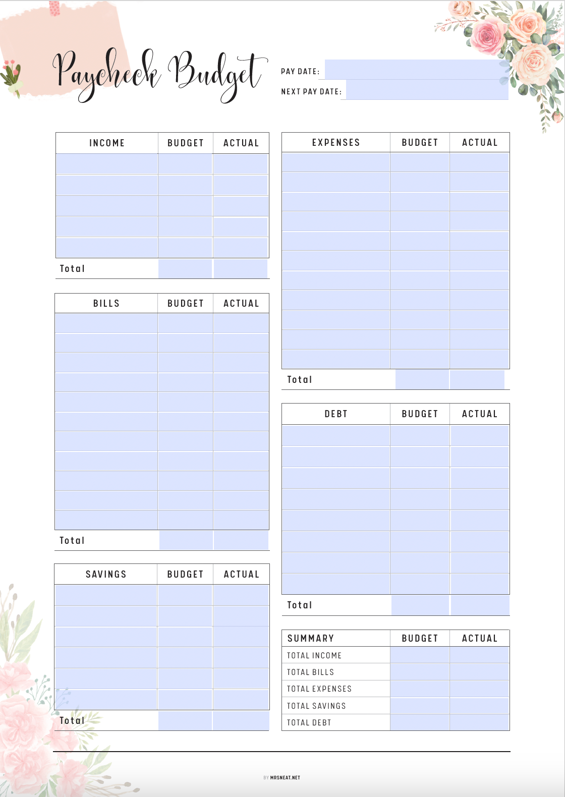 Floral Paycheck Budget Template Printable, Monthly Budget Planner, Fillable Bi-weekly budget, A4, A5, Letter, Half Letter, PDF