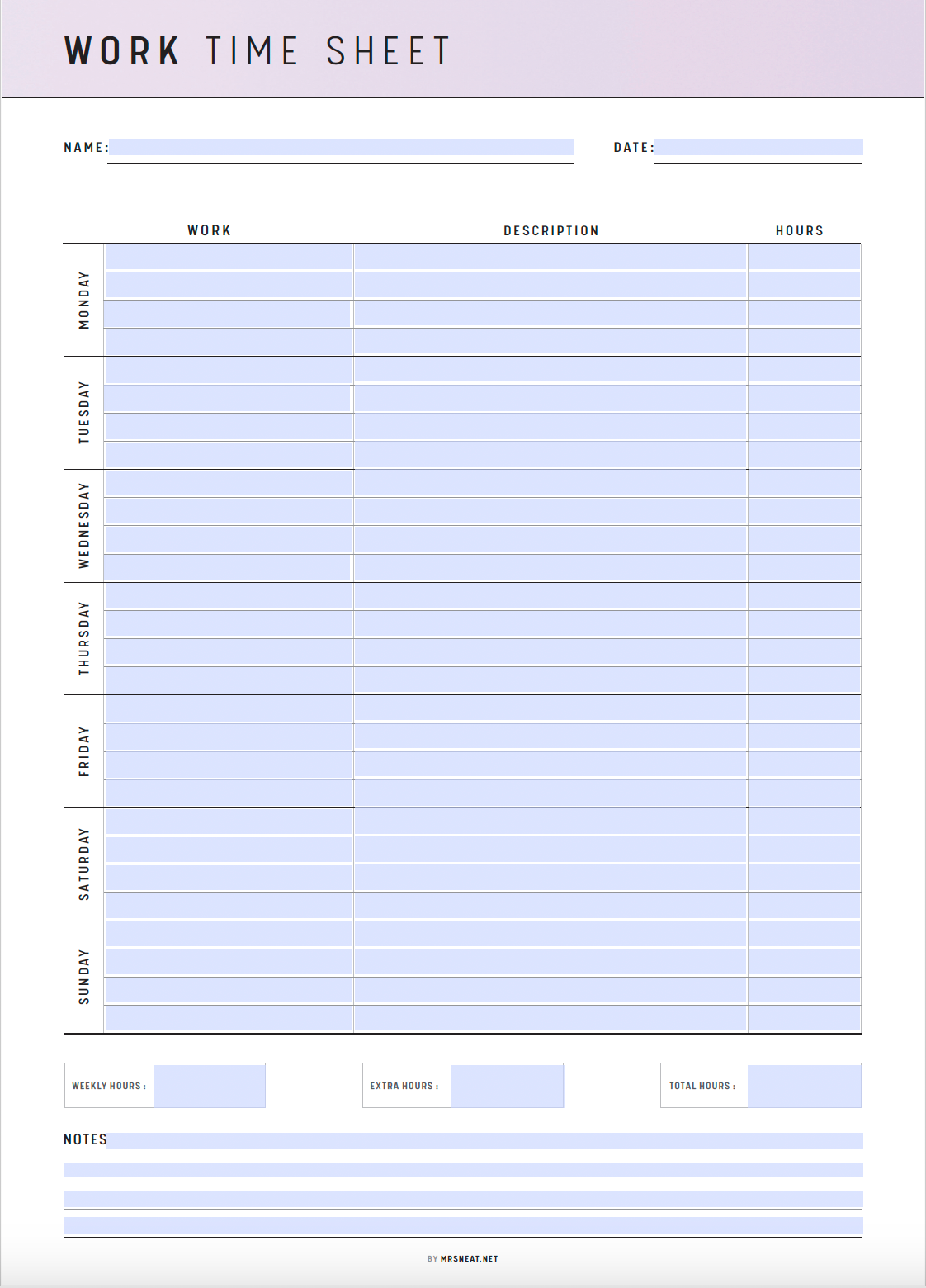 Employee Time Sheet Printable, Work Log, Time Tracker, Employee Time Card, Work Time Sheet Template, A4, A5, Letter, Half Letter, 6 colors