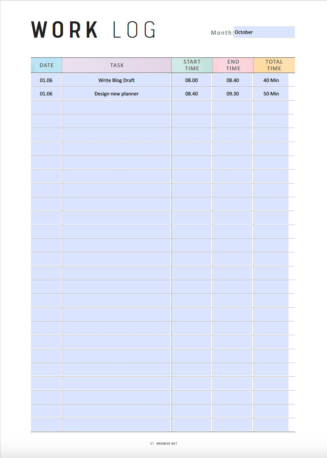 Work Log Sheet Template