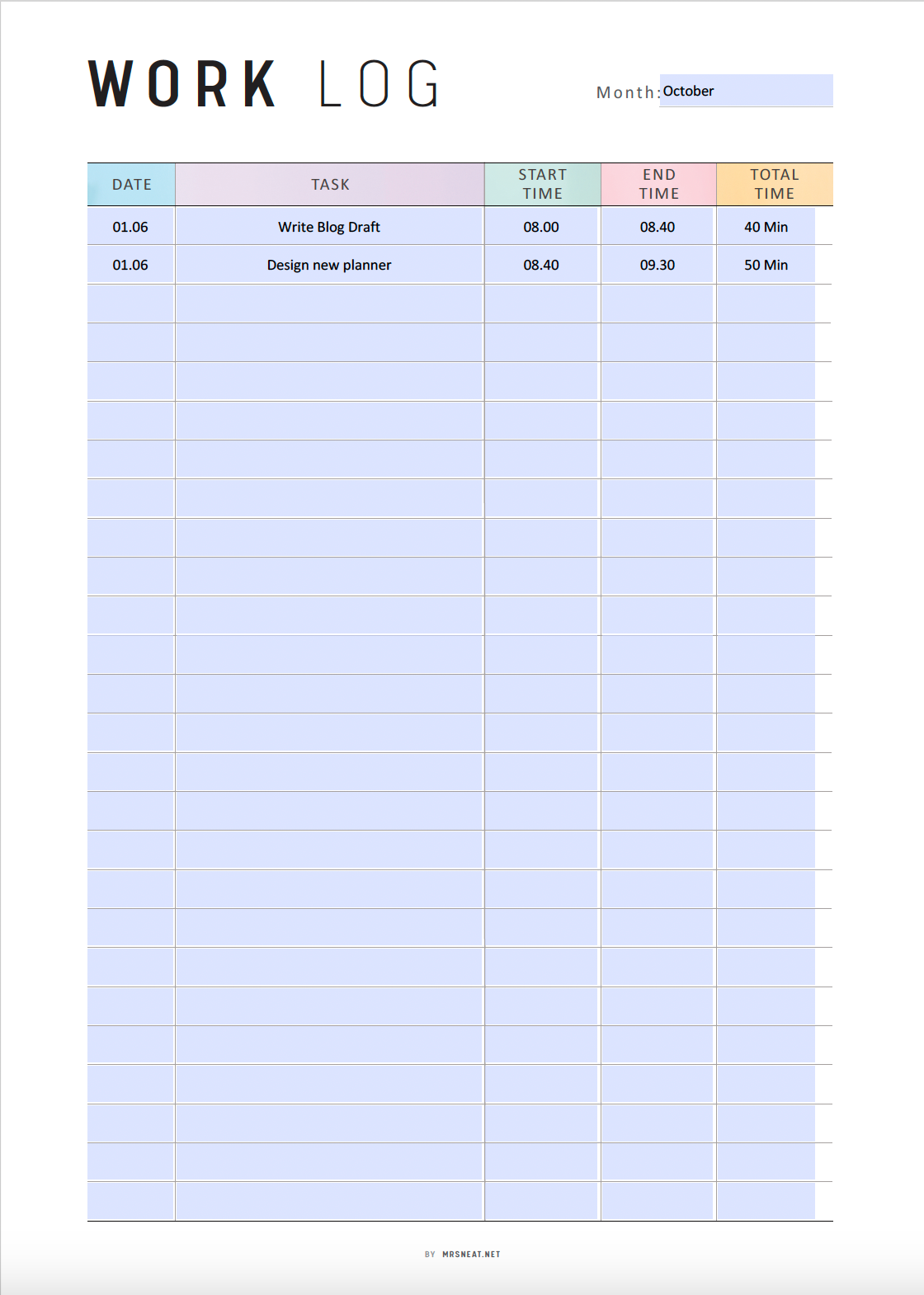 Editable Work Log Template, Work Log Printable, Monthly Work Log Planner, PDF, Colorful Page, A4, A5, Letter, Half Letter