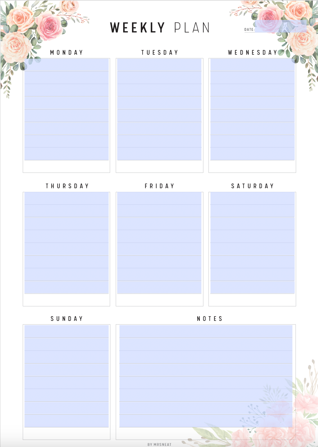 Floral Fillable Weekly Planner Printable, Weekly Schedule, Weekly Agenda, Weekly Planner Pages, 5 Versions, A4, A5, Letter, Half Letter
