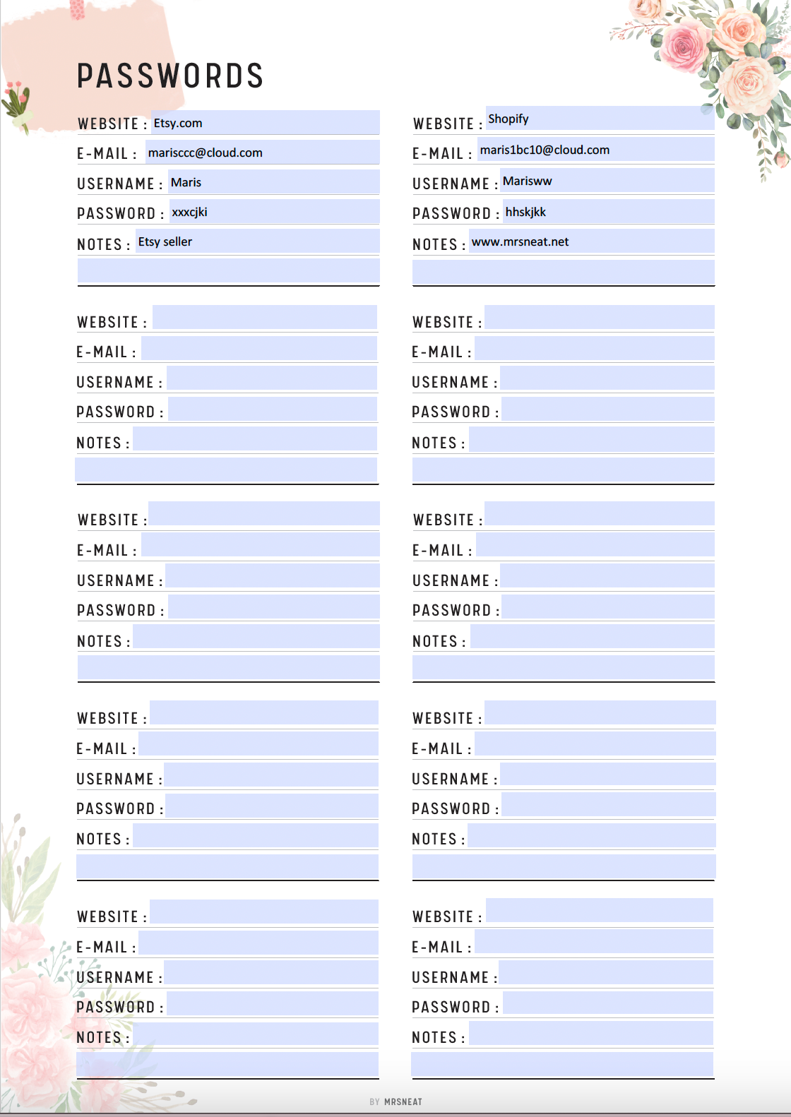 Password Tracker Printable - M107/8