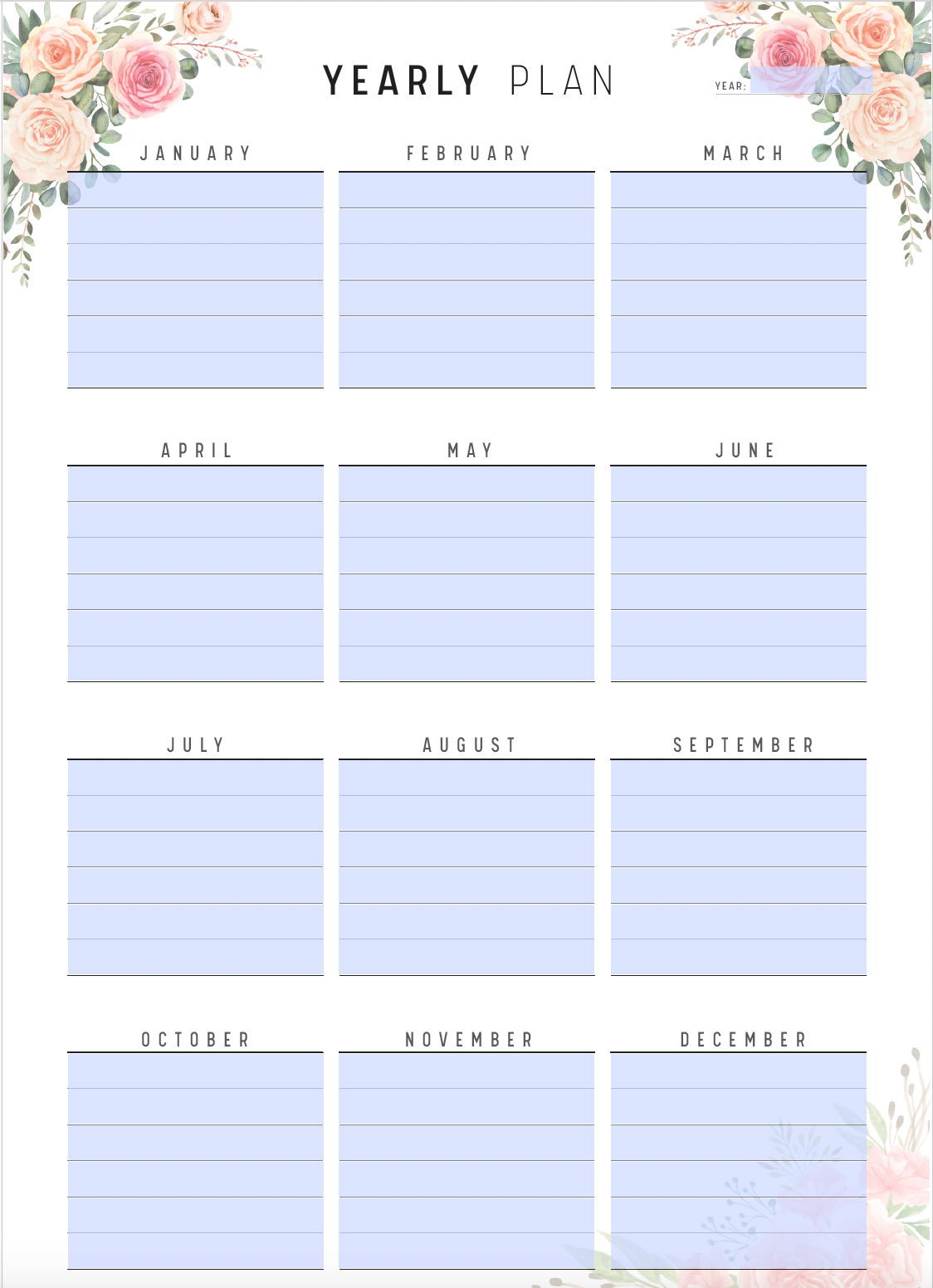 Floral Yearly Planner Printable, Digital Yearly Planner, Editable PDF Yearly Planner, Floral Theme, Beautiful Yearly Planner