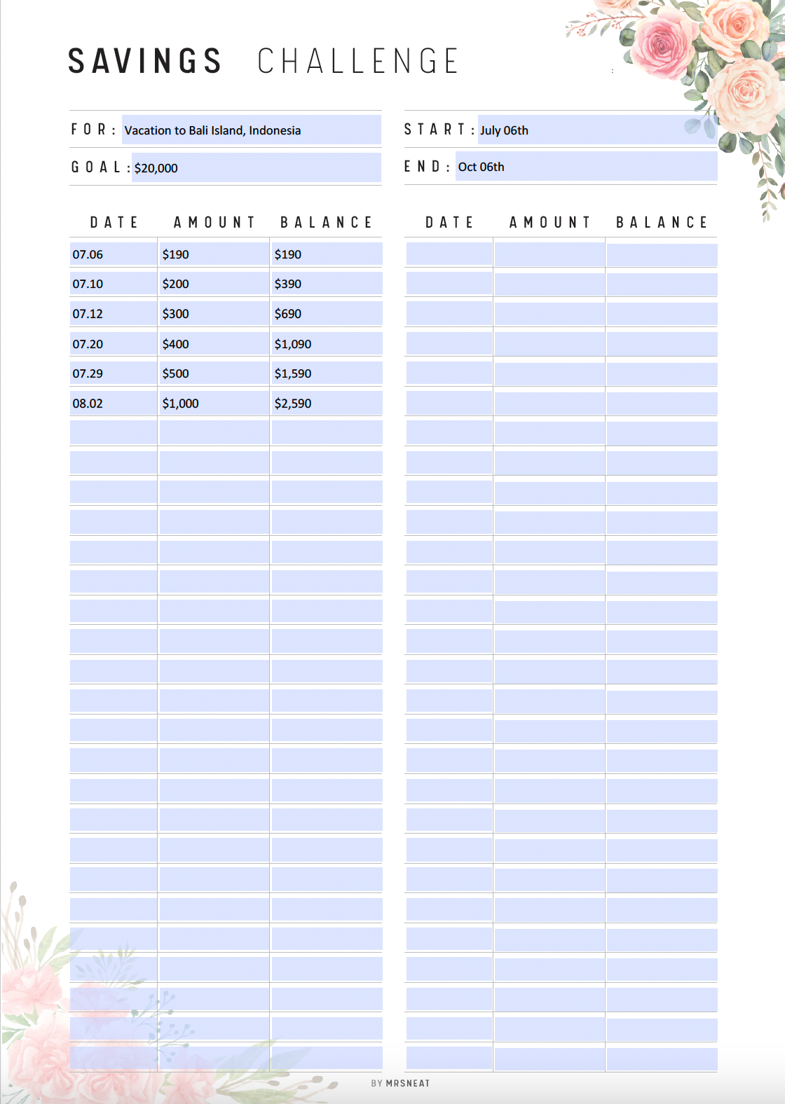 Floral Saving Challenge Printable, Fillable Saving Tracker, Savings Template, Sinking Funds Tracker, A4, A5, Letter, Half Letter, PDF, Floral Theme