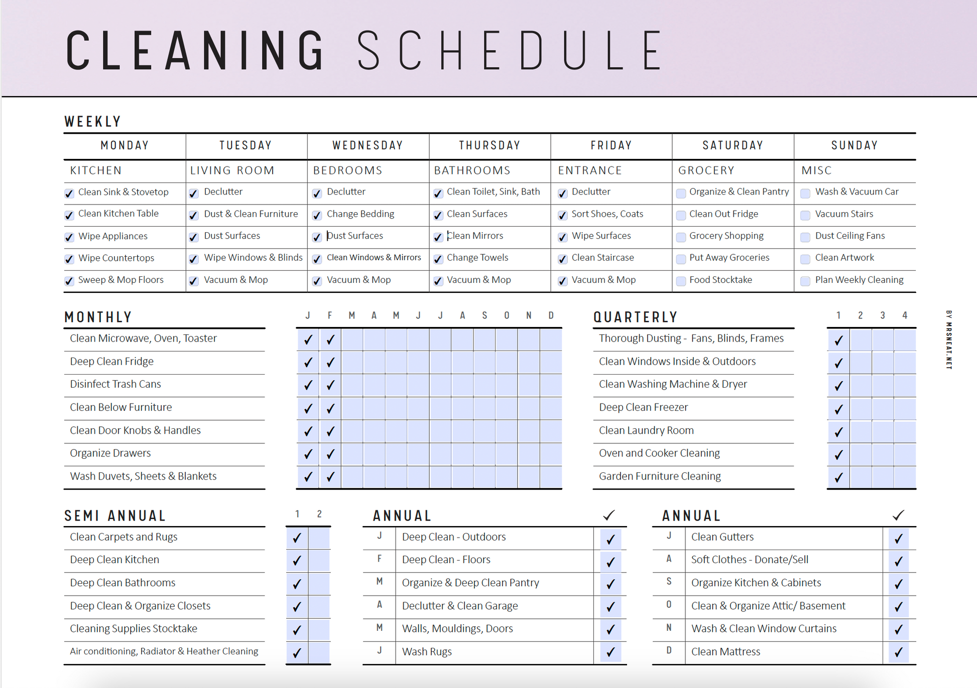 Printable Cleaning Schedule Template PDF, 6 colors, 2 versions, A4, Letter, PDF Fillable, Digital Planner, Printable Planner