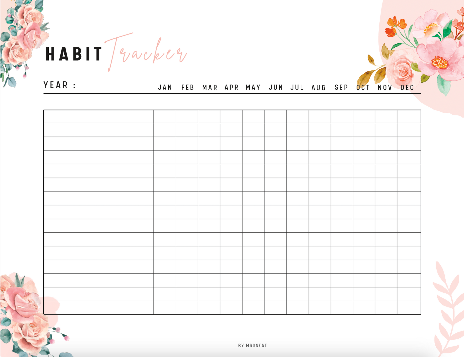 Yearly Habit Tracker Printable, Fillable Yearly Habit Trackers, Habit Journal, Habit Challenge, Yearly Challenge, PDF, A4, US Letter, Pink Floral Theme, Digital Planner, Fillable PDF, Printable Planner