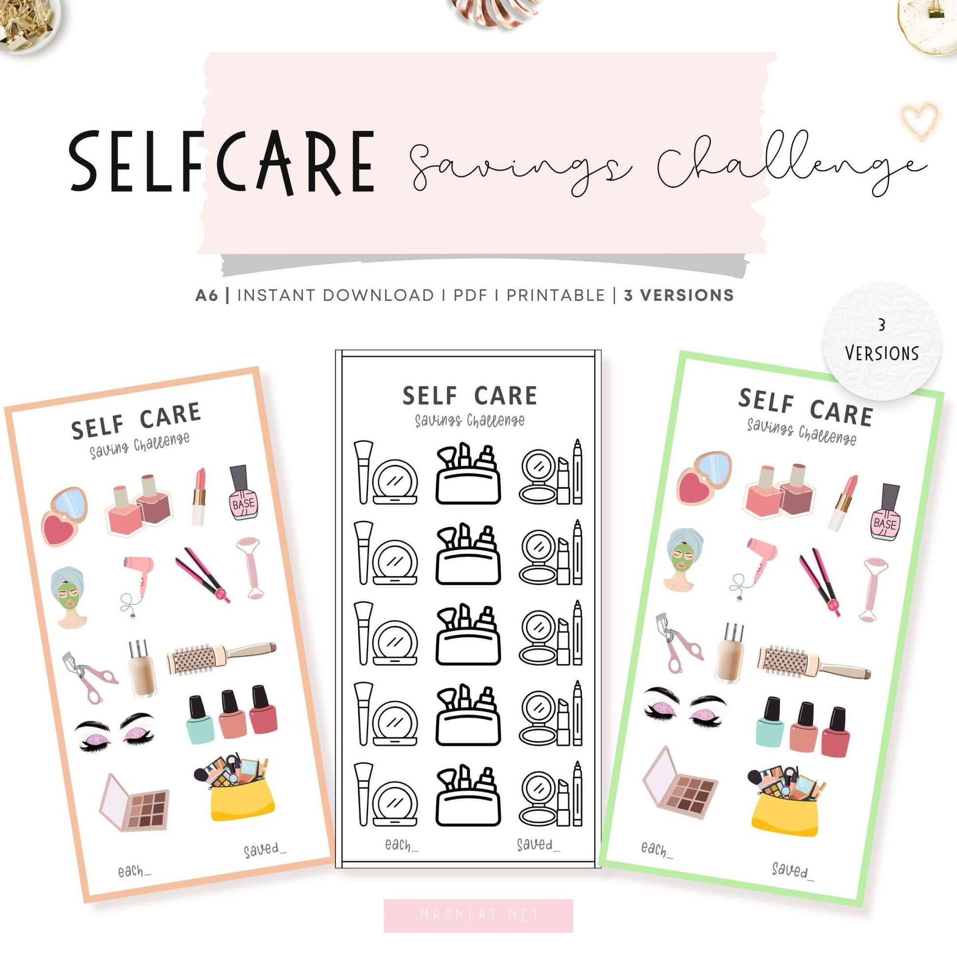 Colorful A6 Self Care Mini Savings Challenge template, PDF, Printable, 3 versions