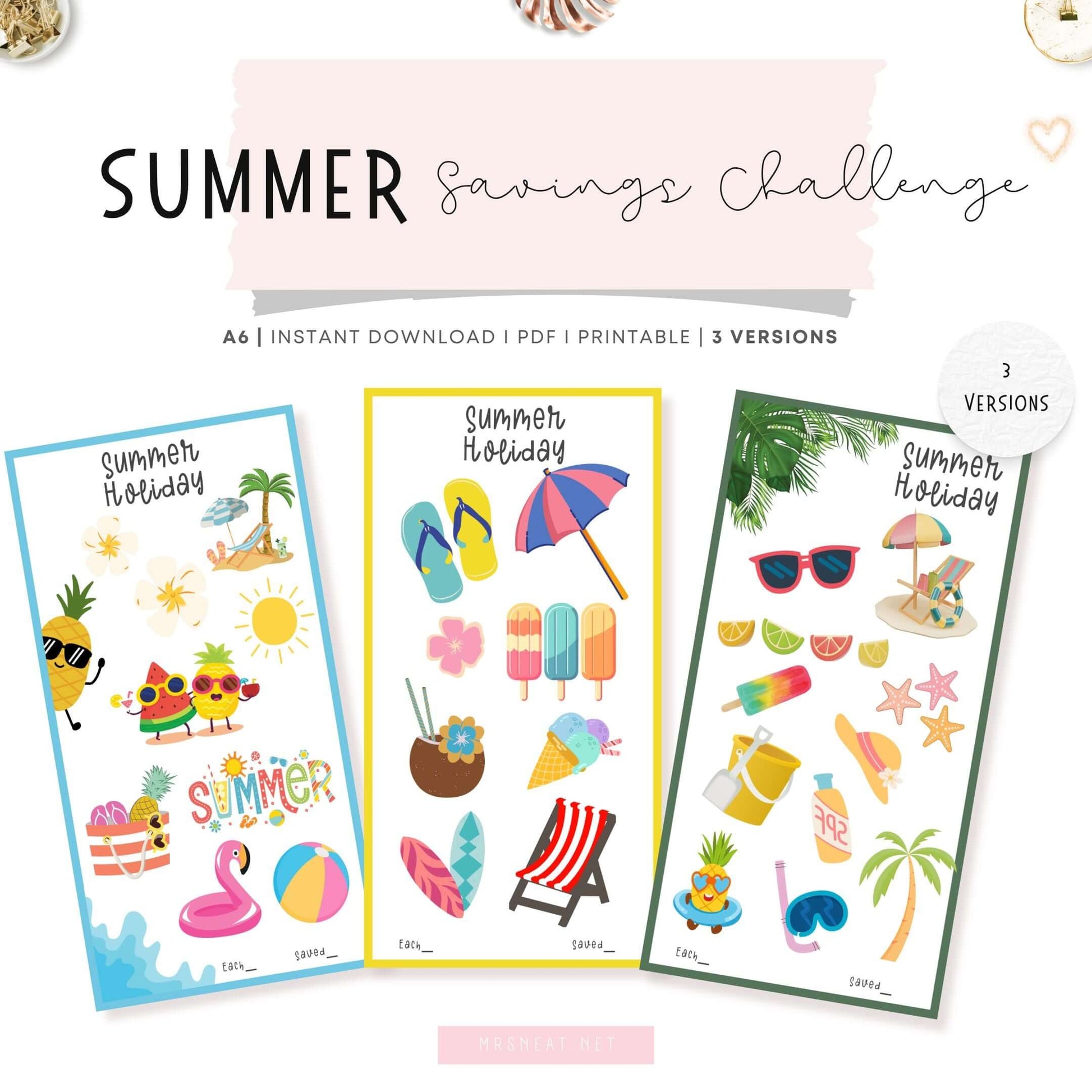 Colorful Summer Holiday Fund Savings Challenge, A6, Printable, 3 versions, PDF