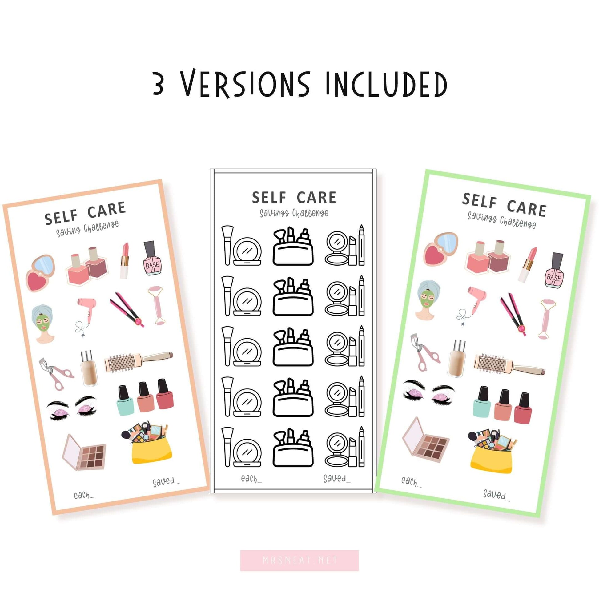 Colorful A6 Self Care Mini Savings Challenge template, PDF, Printable, 3 versions