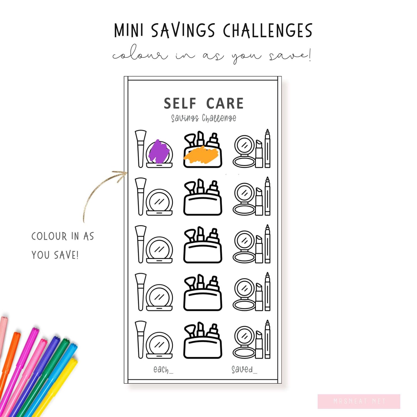 Colorful A6 Self Care Mini Savings Challenge template, PDF, Printable, 3 versions