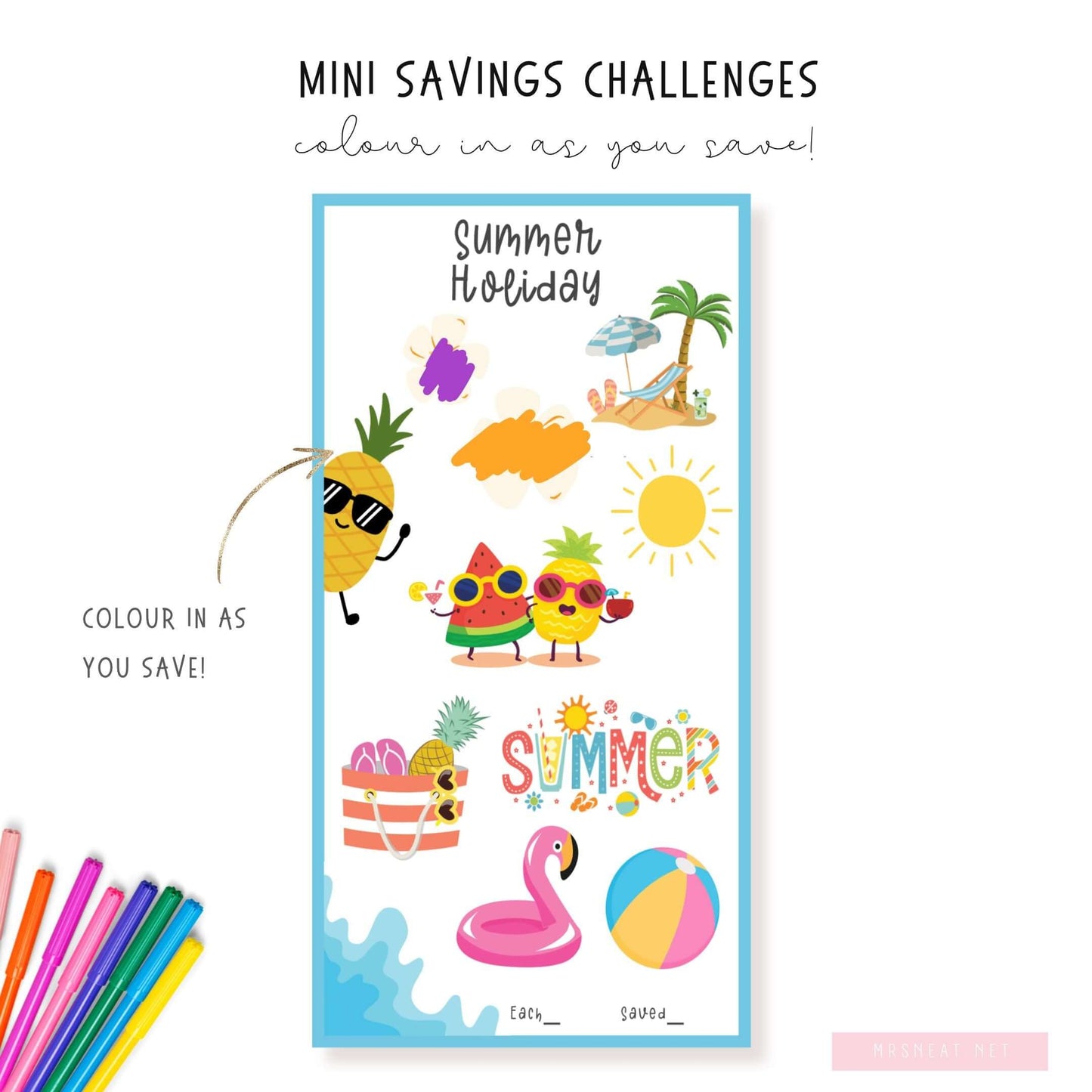 Colorful Summer Holiday Fund Savings Challenge, A6, Printable, 3 versions, PDF