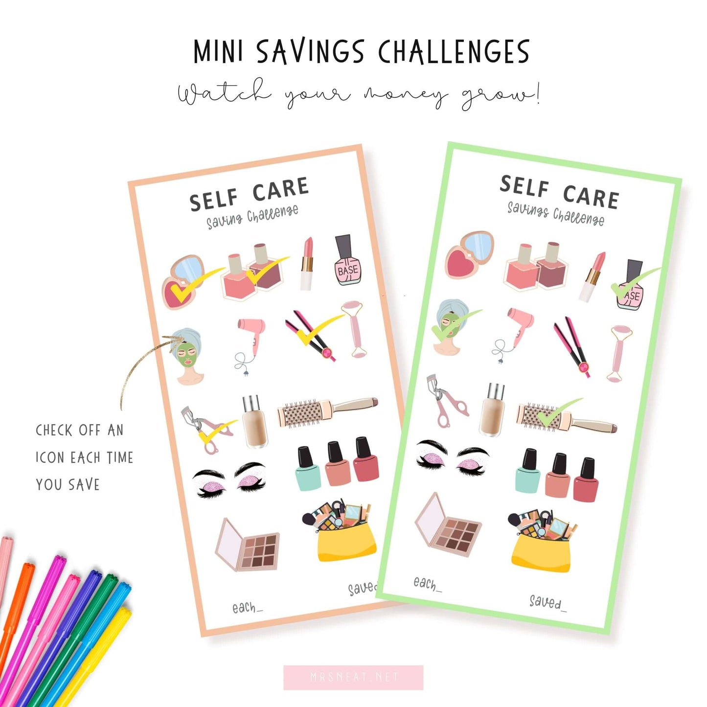 Colorful A6 Self Care Mini Savings Challenge template, PDF, Printable, 3 versions