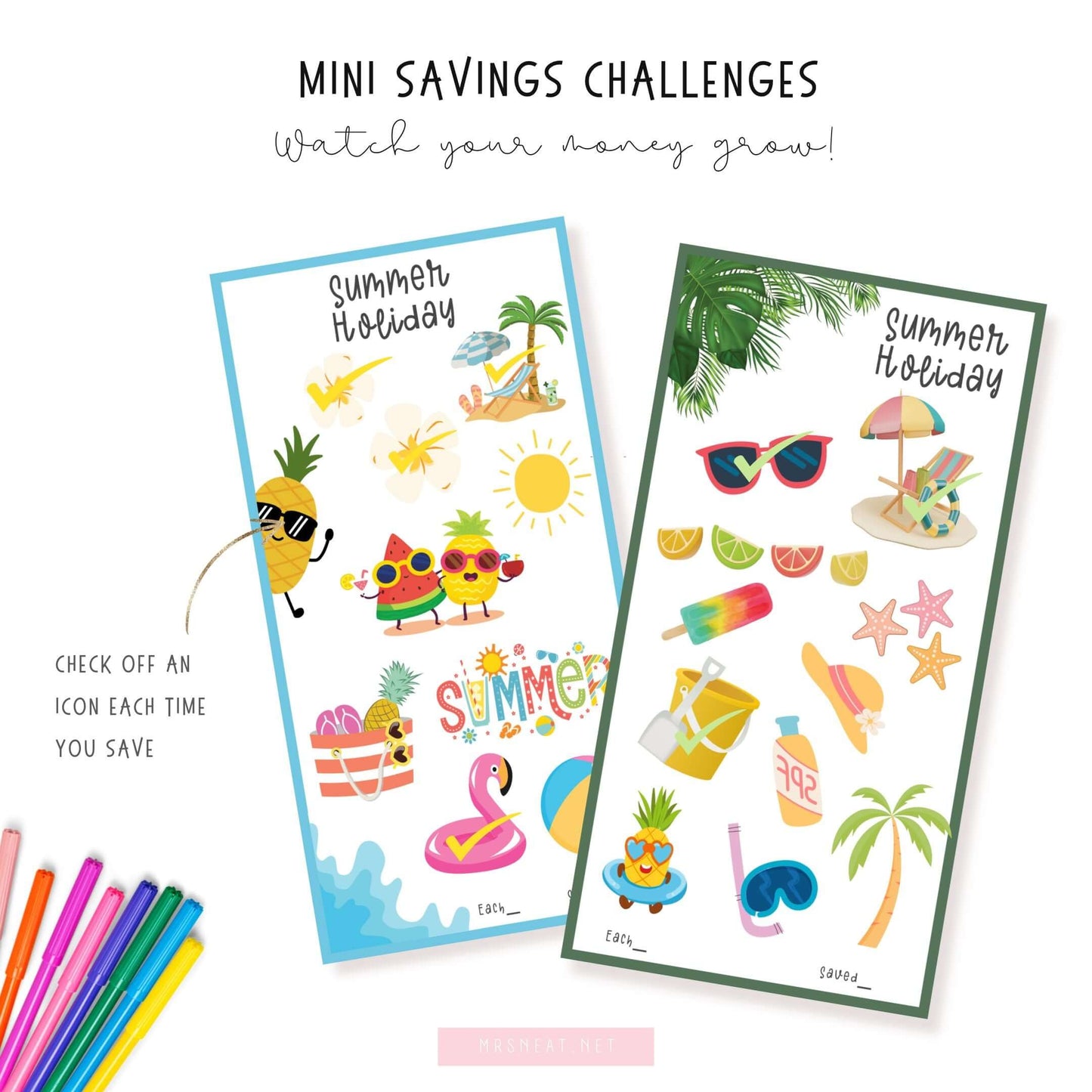 Colorful Summer Holiday Fund Savings Challenge, A6, Printable, 3 versions, PDF