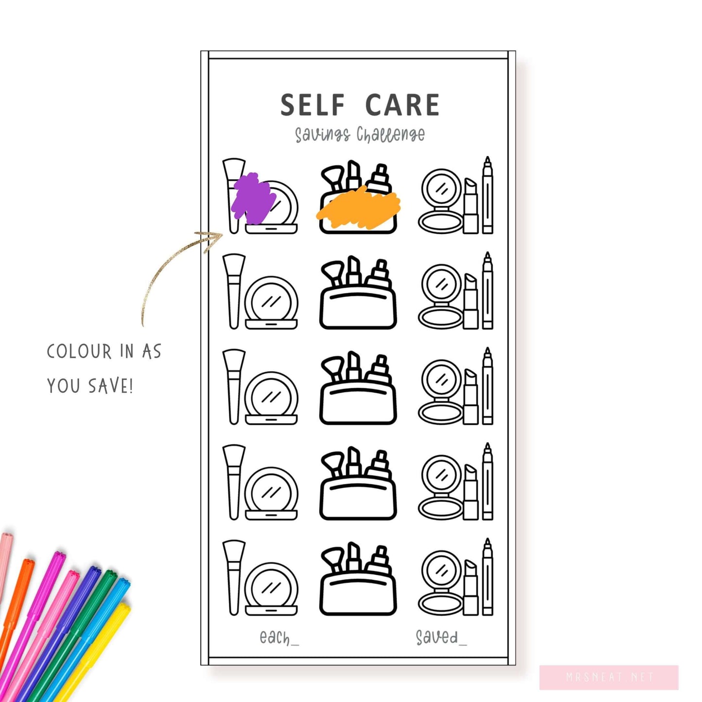 Colorful A6 Self Care Mini Savings Challenge template, PDF, Printable, 3 versions