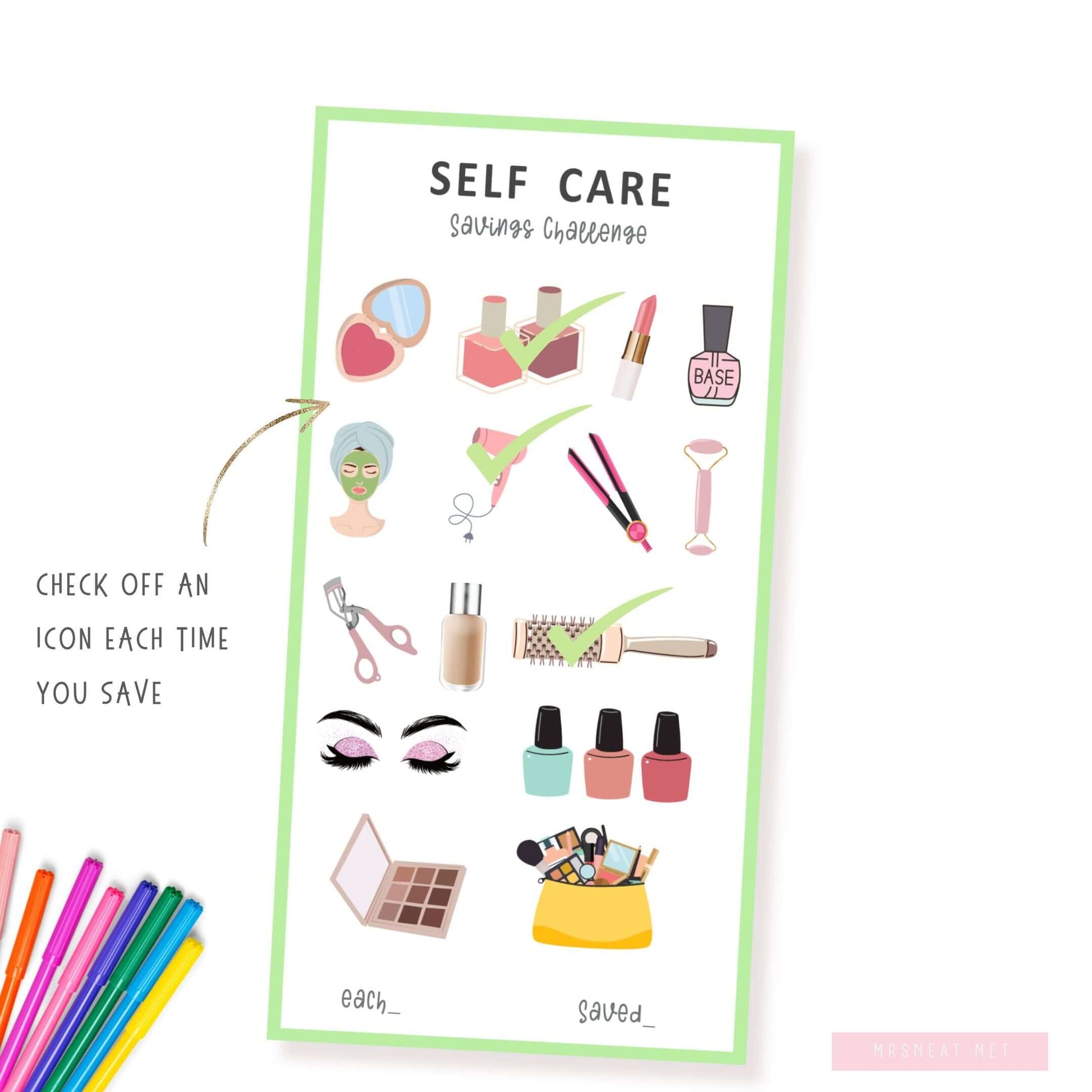 Colorful A6 Self Care Mini Savings Challenge template, PDF, Printable, 3 versions