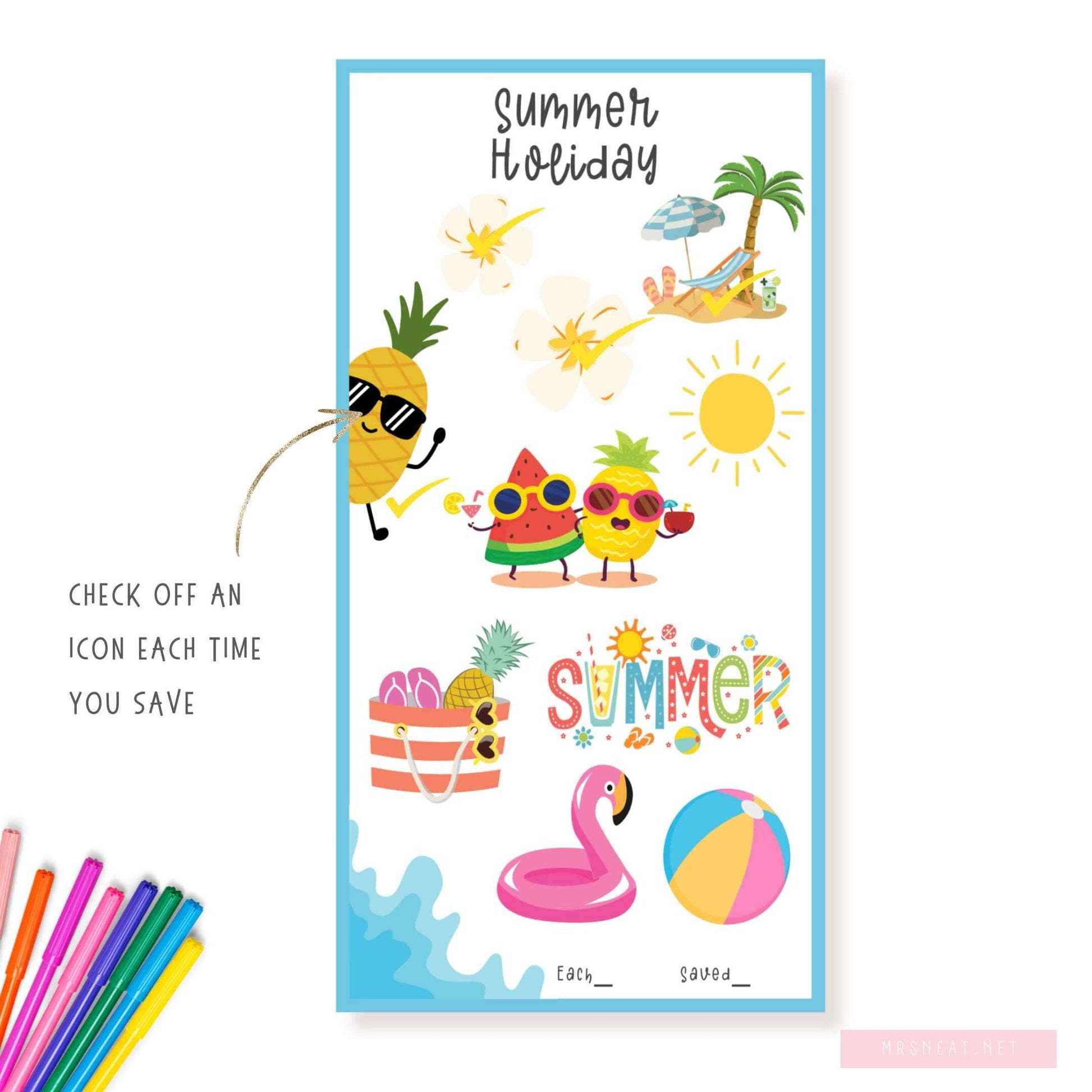 Colorful Summer Holiday Fund Savings Challenge, A6, Printable, 3 versions, PDF