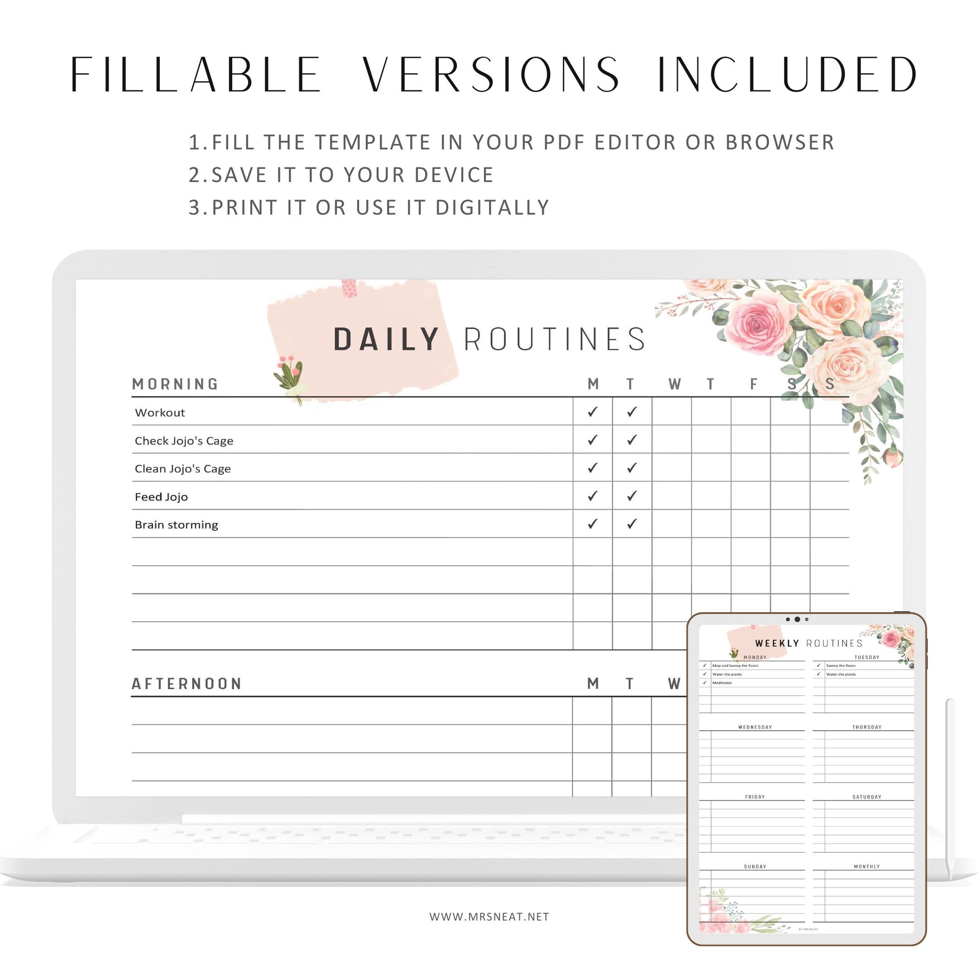 Fillable Daily Routine Checklist, Weekly Routines, Self Care Planner, Routine Planner, A4, A5, Letter, Half Letter, PDF, Sunday Monday Start