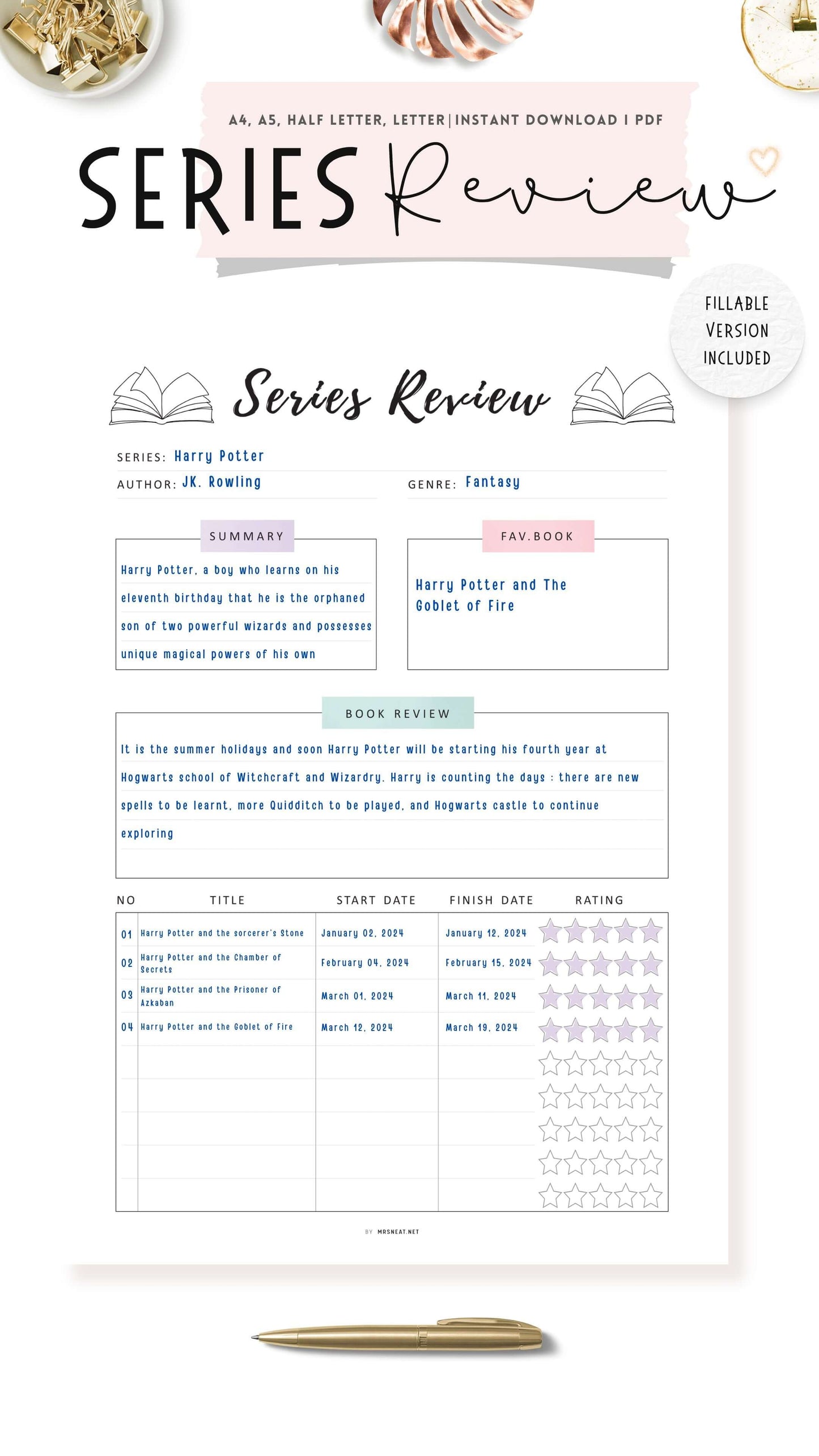 Series Review Tracker Template Printable, A4, A5, Letter, Half Letter, Colorful Page, Digital Planner, Fillable version PDF